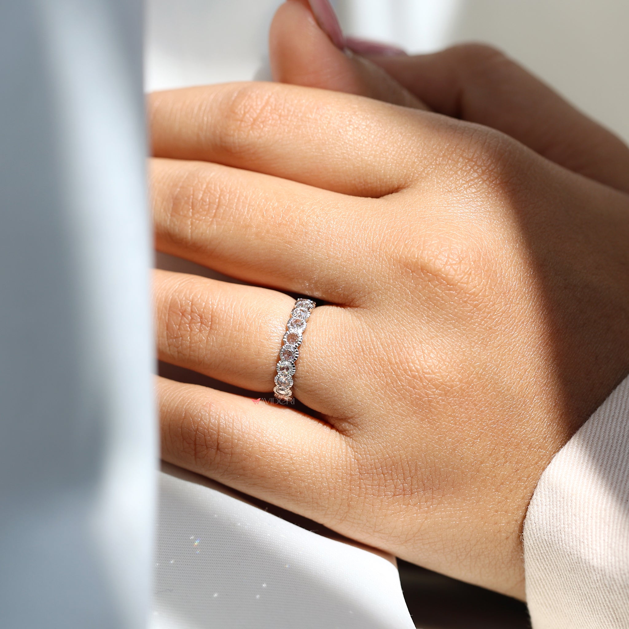 Rose cut diamond band with a milgrain diamond wedding band for elegance.
