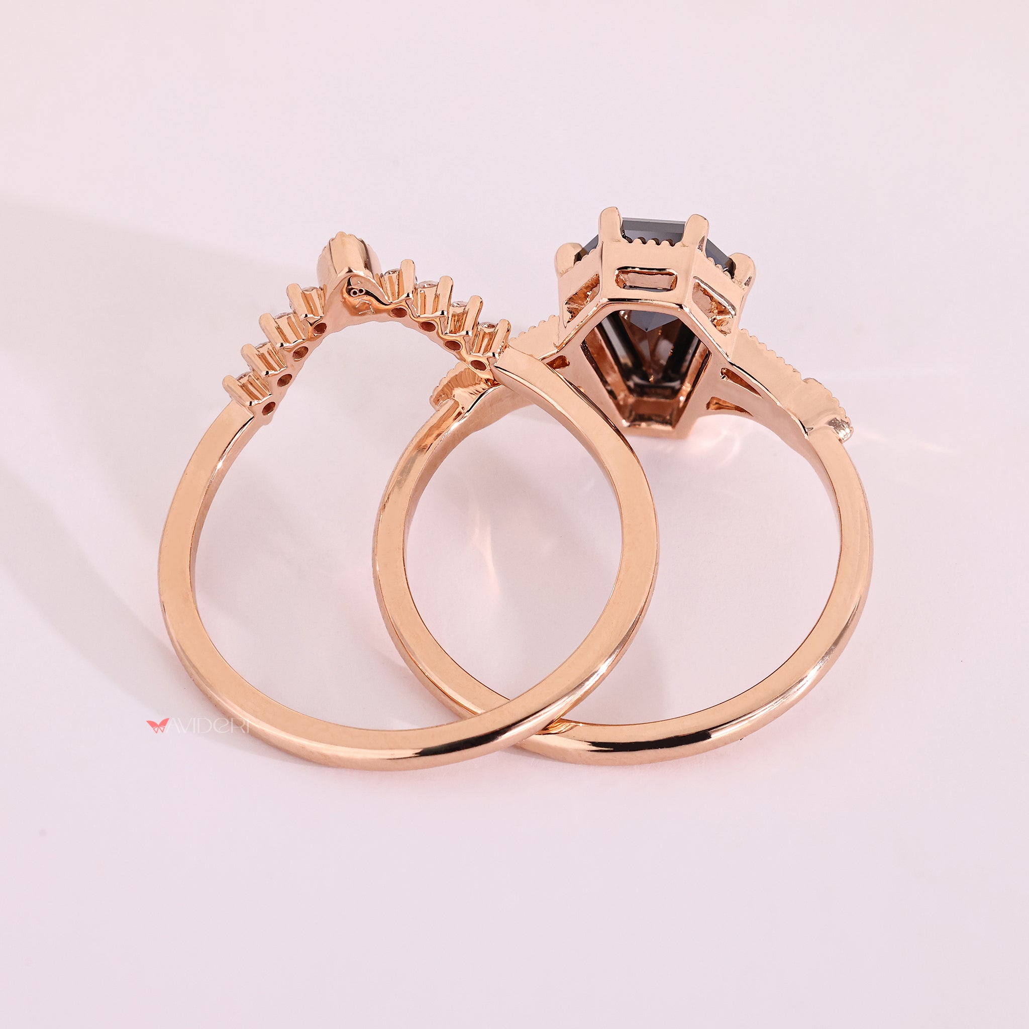 Rose gold bridal set with moissanite bridal set.
