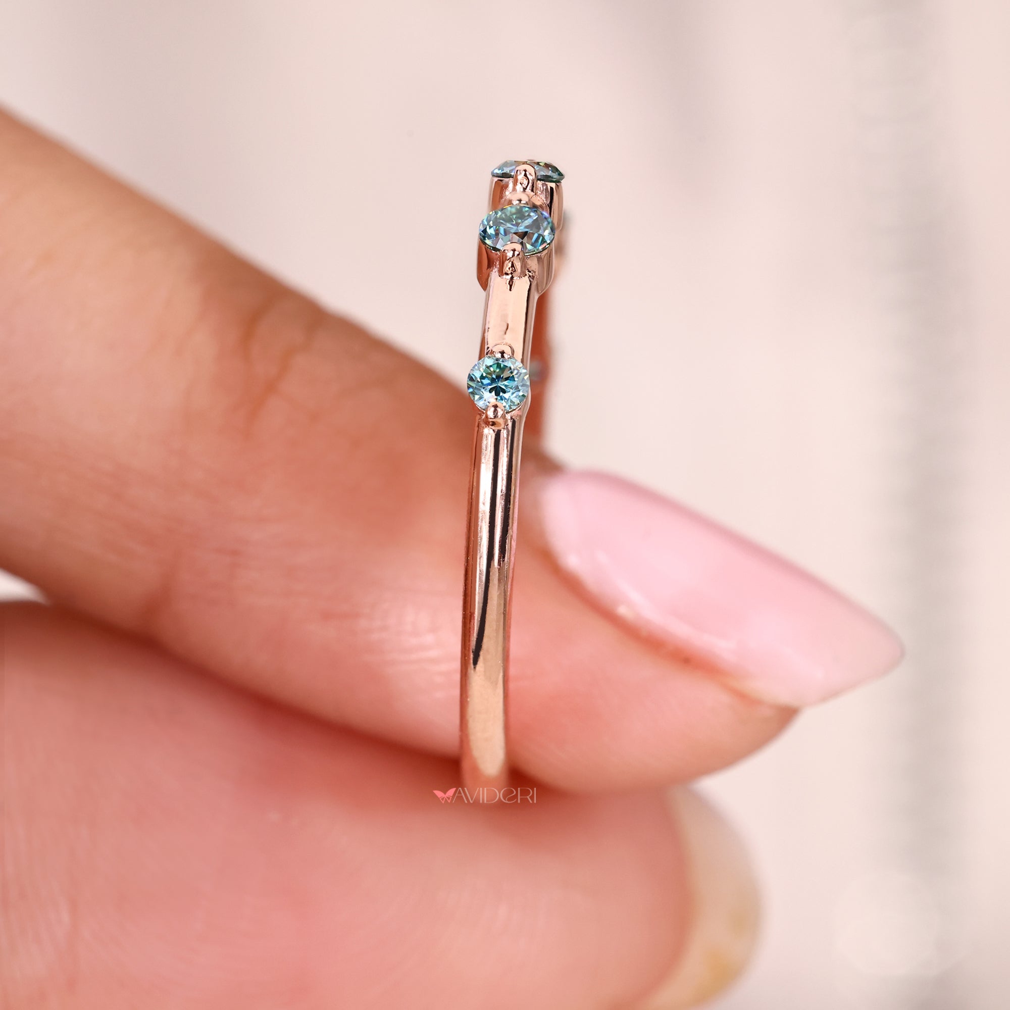 Cyan Blue Round Cut Rose Gold Wedding Band