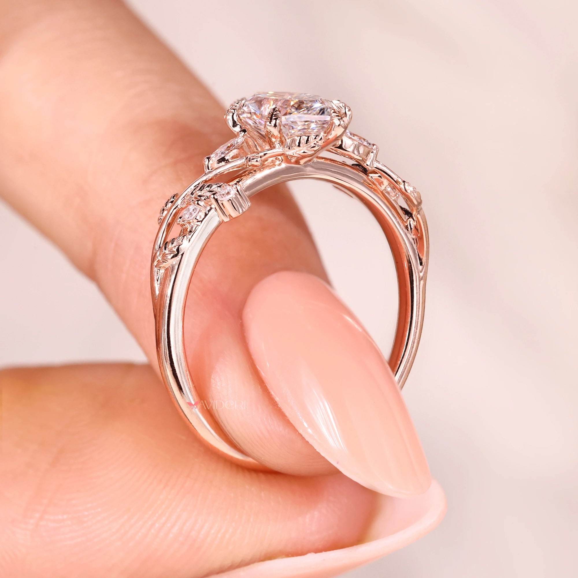 Rose gold engagement ring with lab-grown diamond ring.