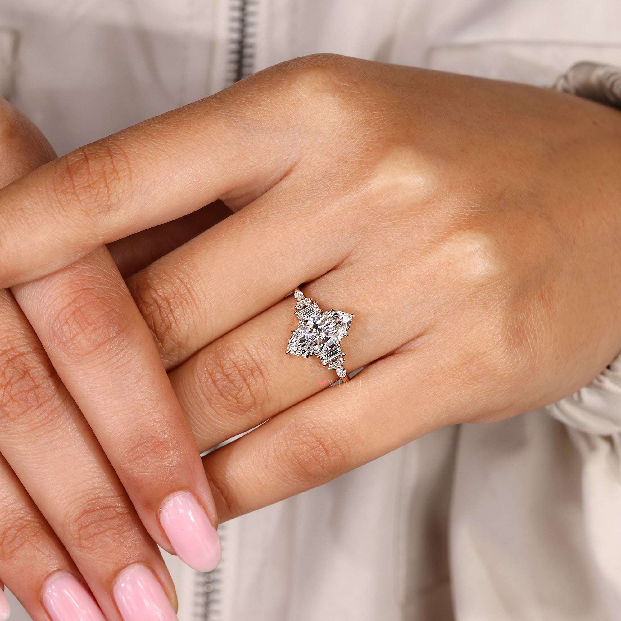 Muse setting marquise diamond engagement ring handmade.
