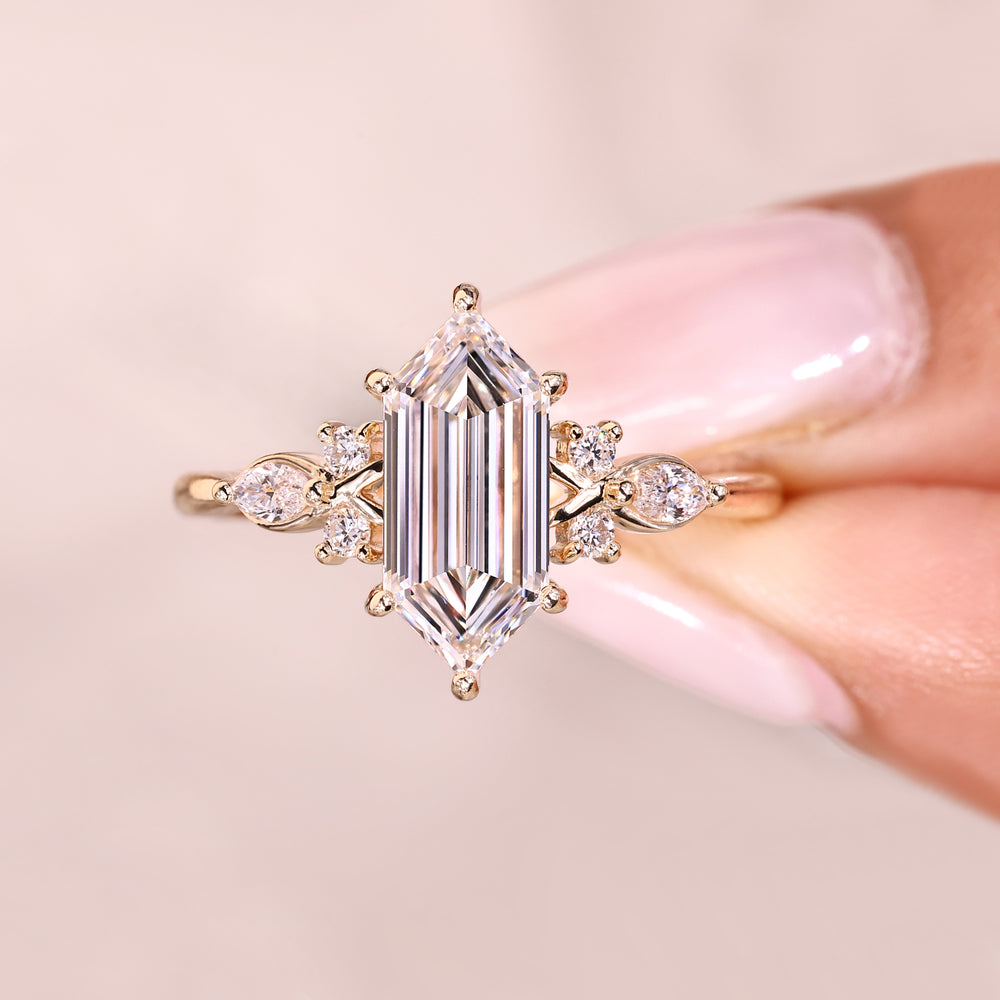 Lab grown hexagon diamond ring with twisted band.

