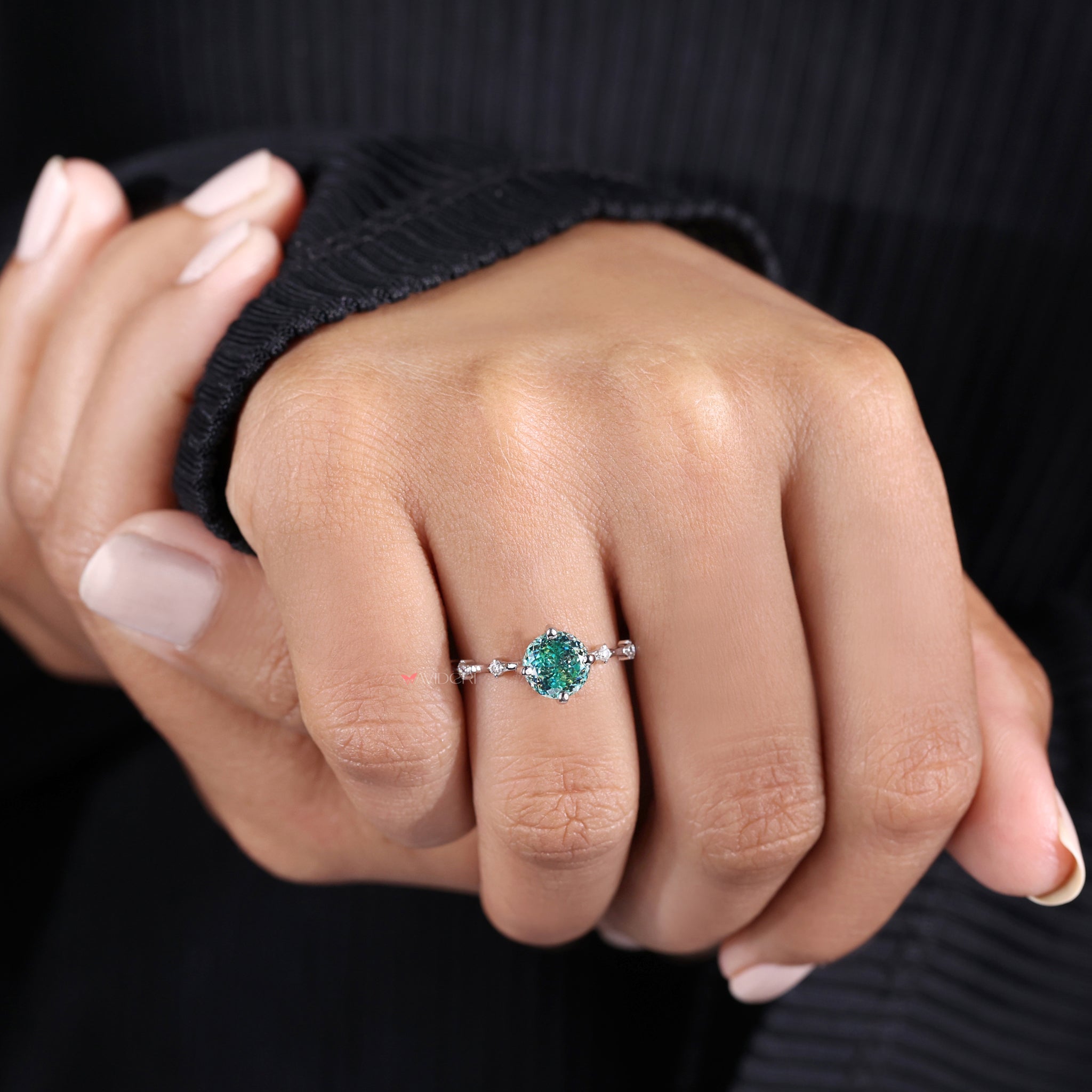 portuguese cut moissanite ring pave band engagement ring distance pave band ring
