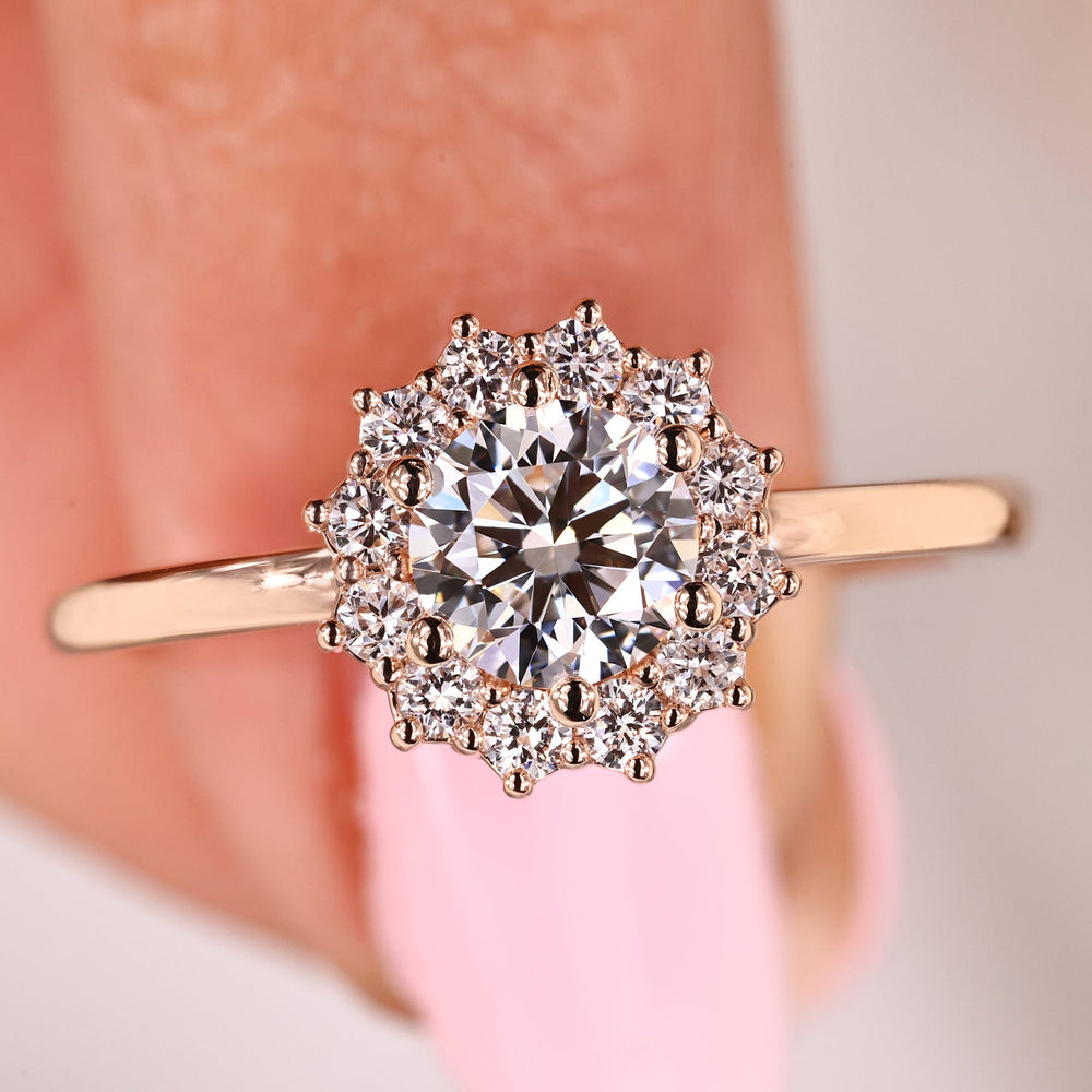 round cut lab grown diamond engagement ring in rose gold.