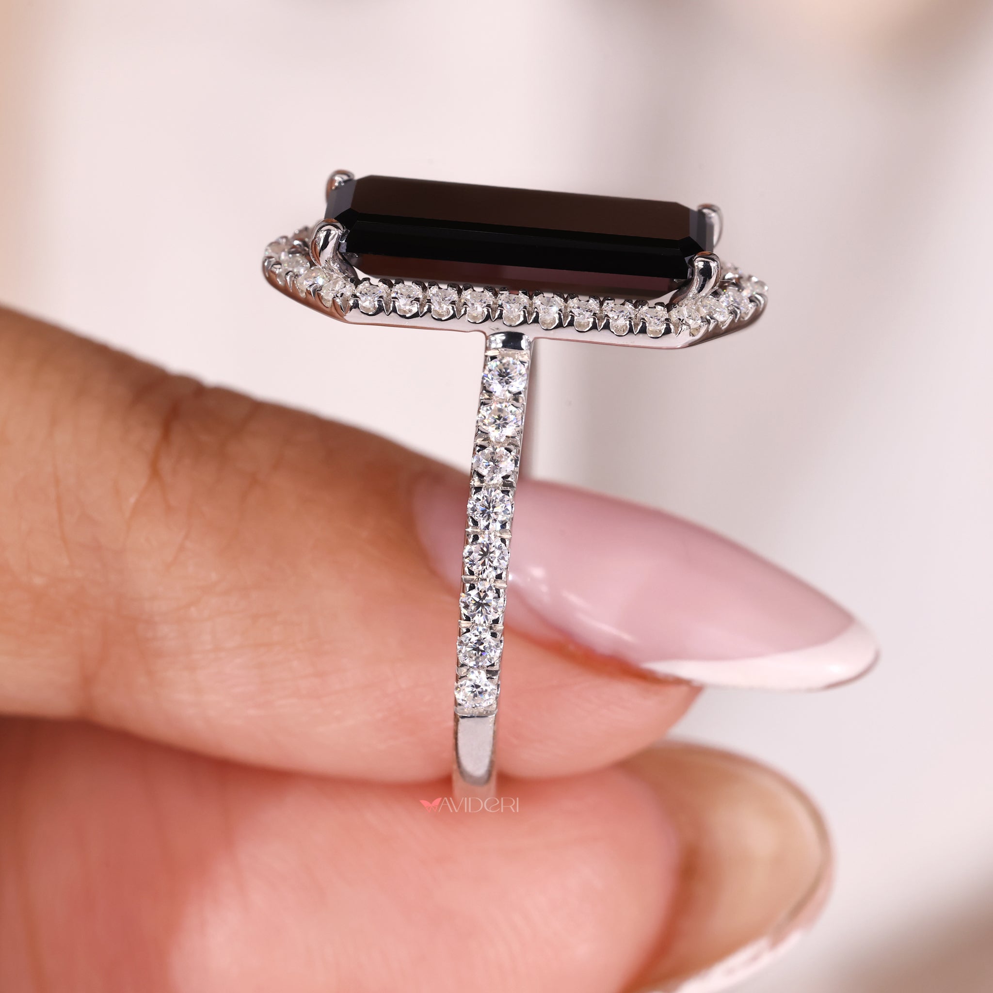 Pave engagement ring, black moissanite ring, handmade jewelry.