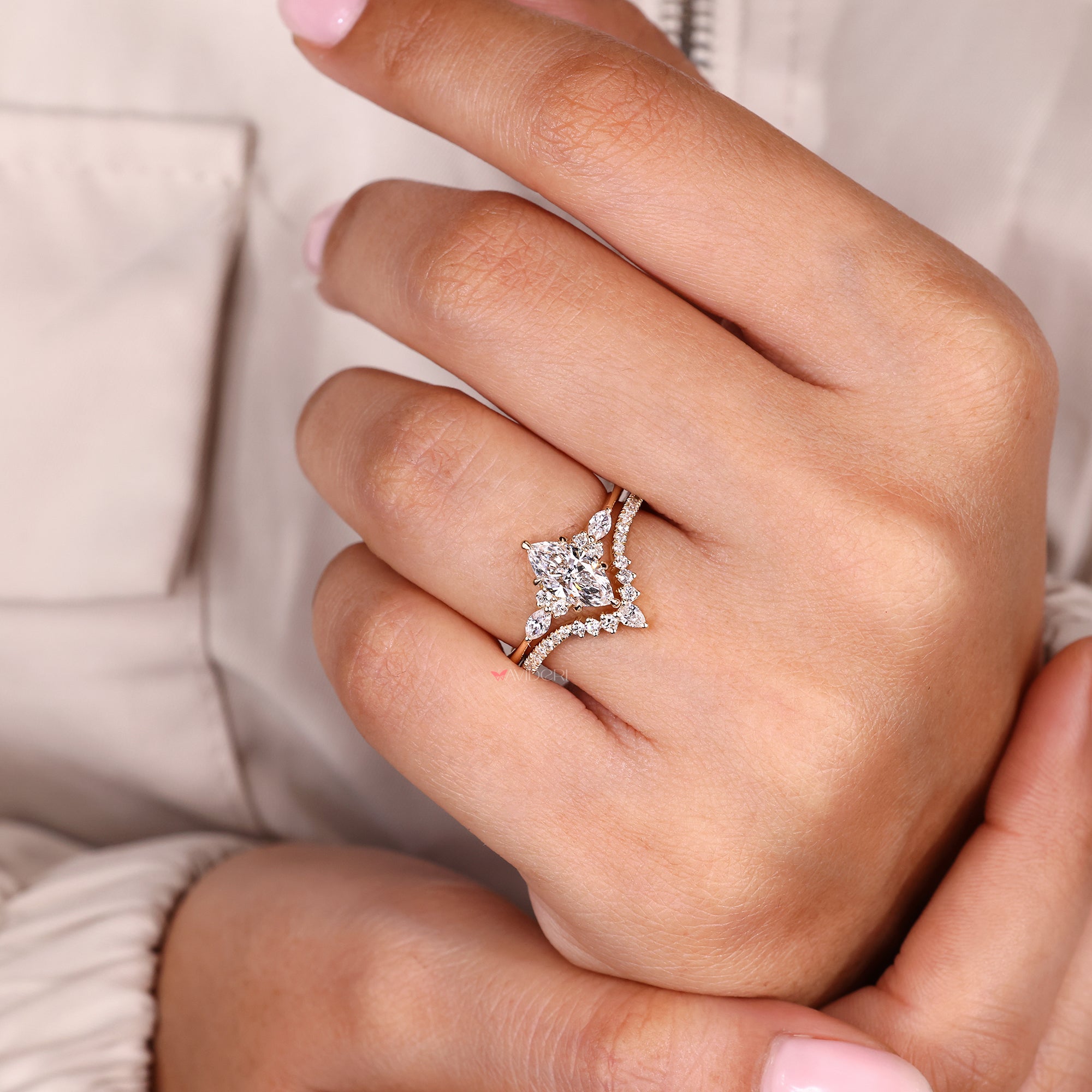 V shaped wedding band for a yellow gold engagement ring.