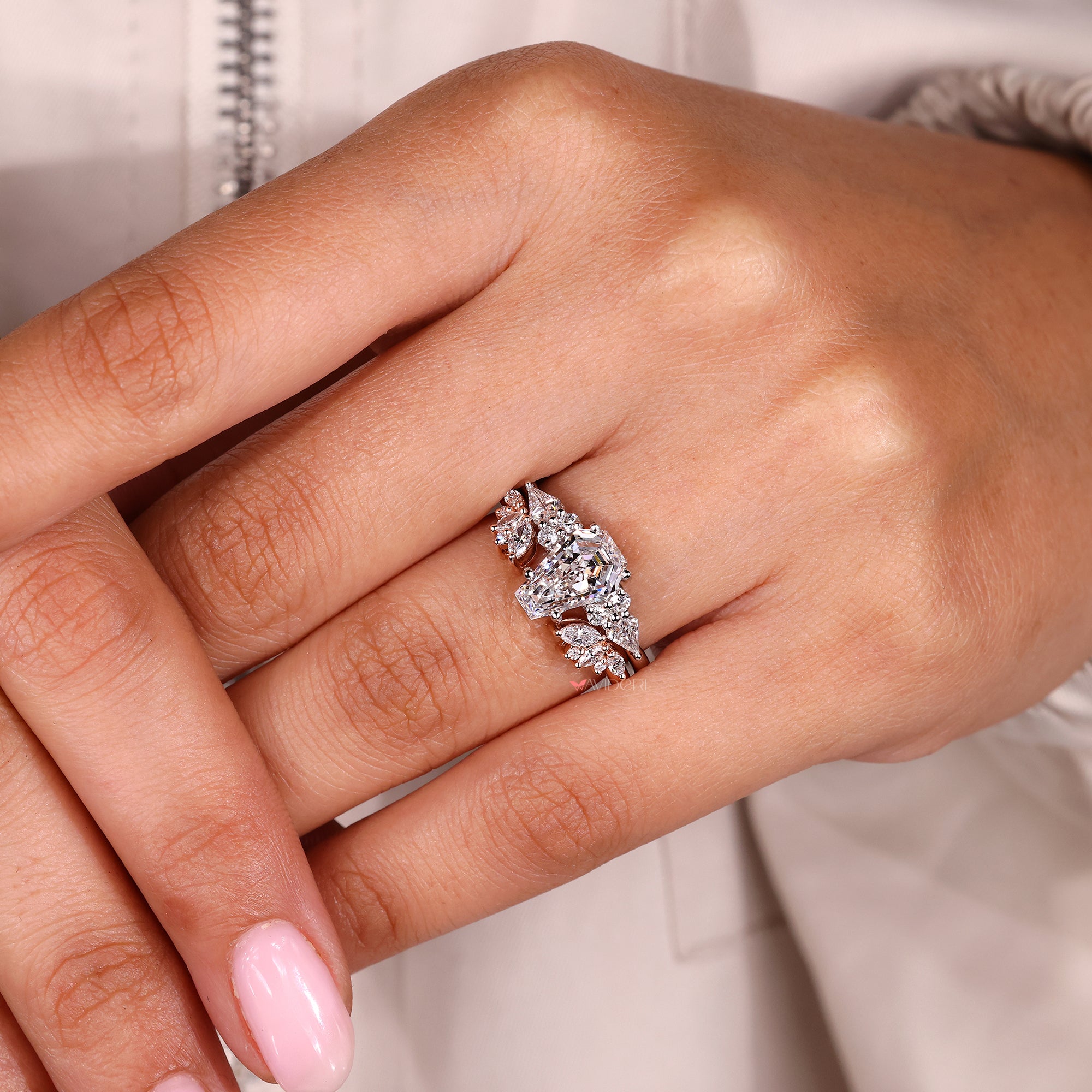 Round cut wedding band stacked with a matching ring.