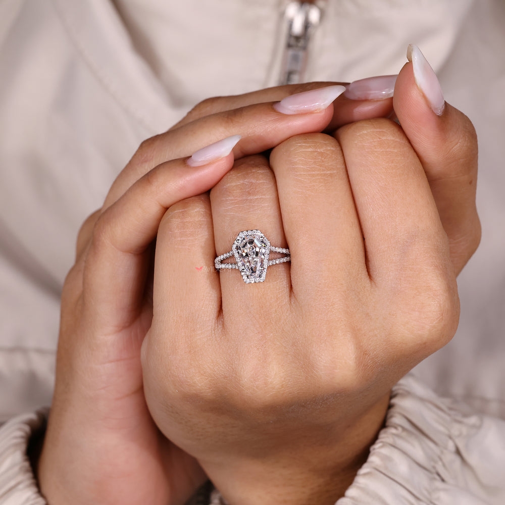 Handmade coffin cut diamond ring with bridge accent.
