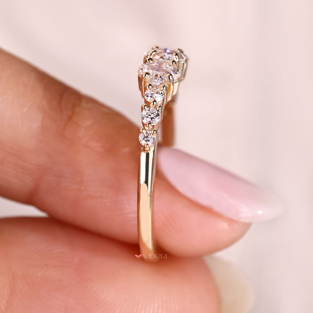 Lab grown half eternity band with mixed cut diamonds.
