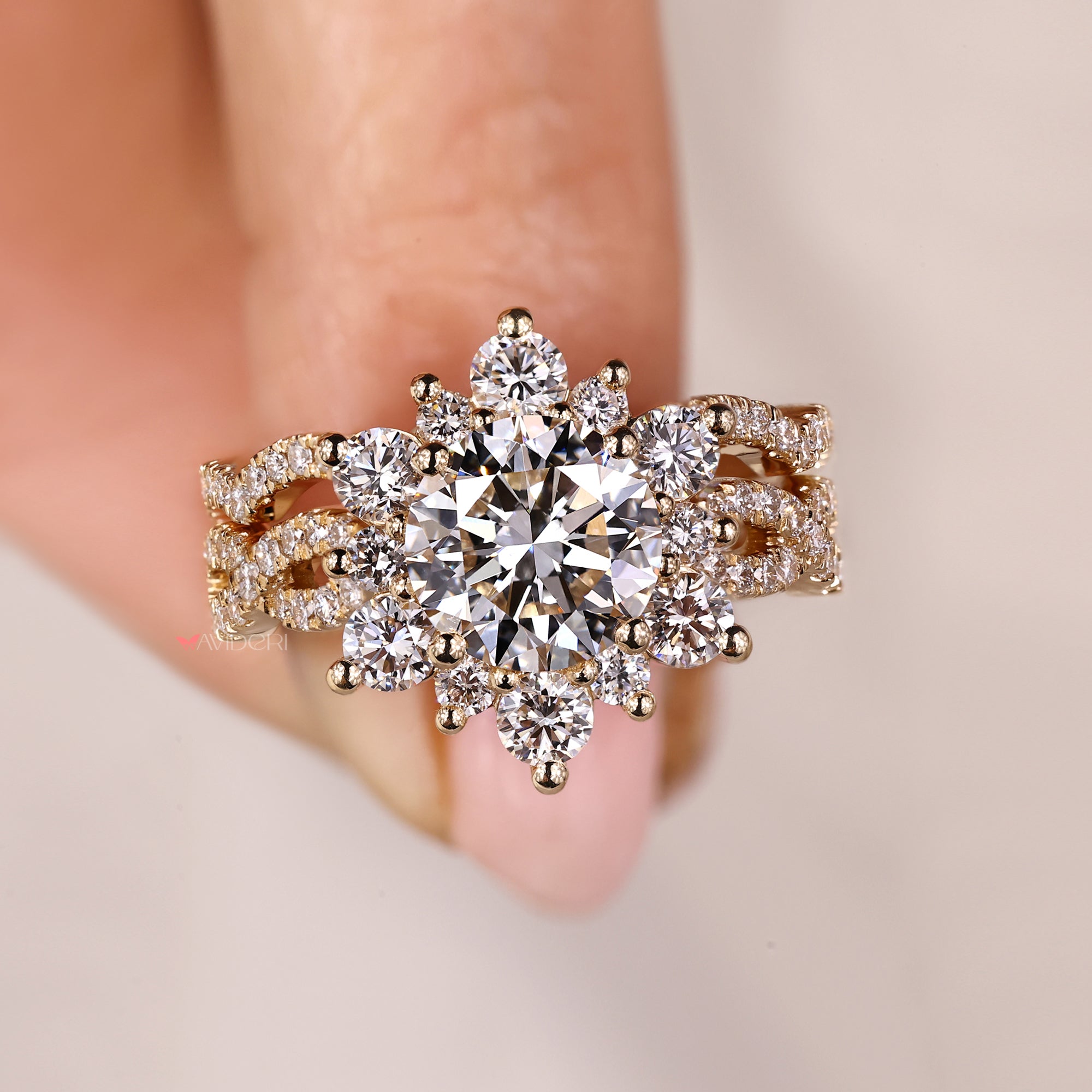 Halo setting ring with curvy wedding band.