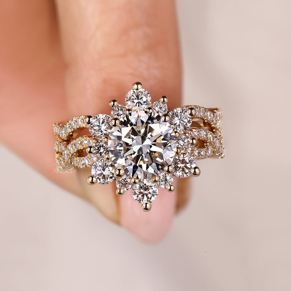 Halo setting ring with curvy wedding band.