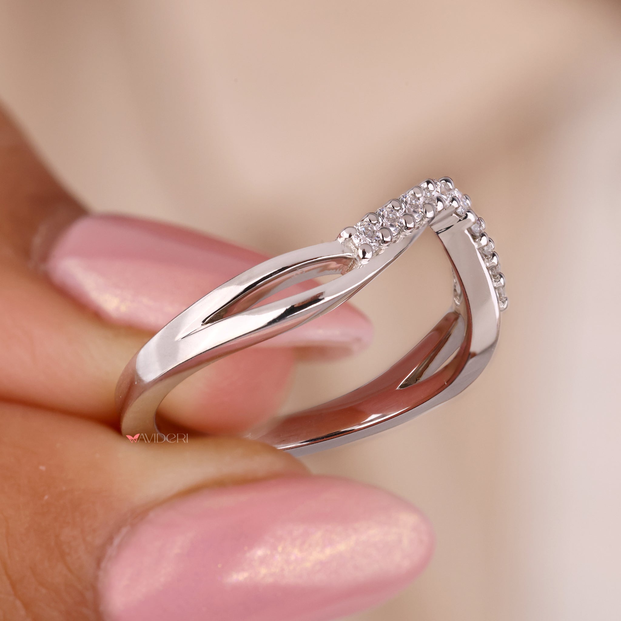 thumbnail image 2 of Natural Diamond Accent Curved Wedding Band Ring - 14K Gold Plated 925 Silver, Size 7. Round Cut, I-J Color. 2 of 5