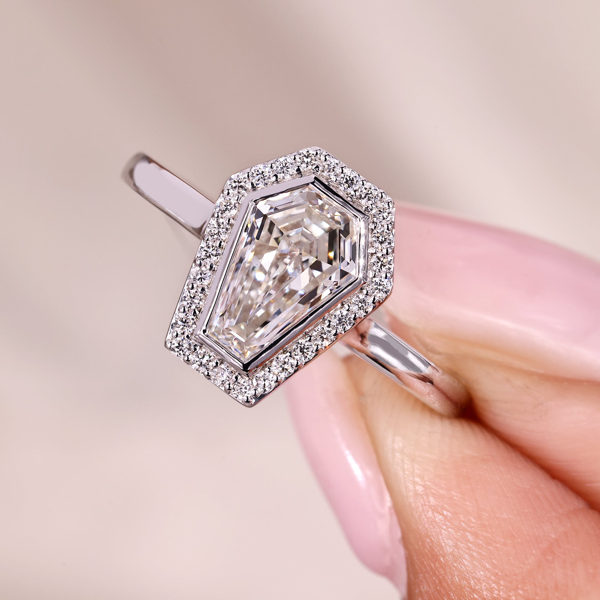 Handmade Coffin Cut Diamond Ring with Halo Setting.