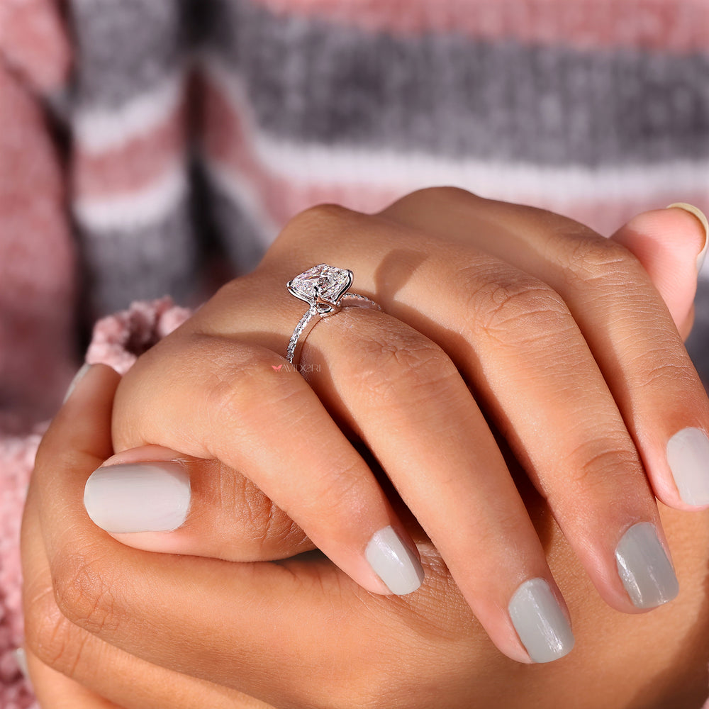 IGI certified asscher cut diamond ring with pave band.
