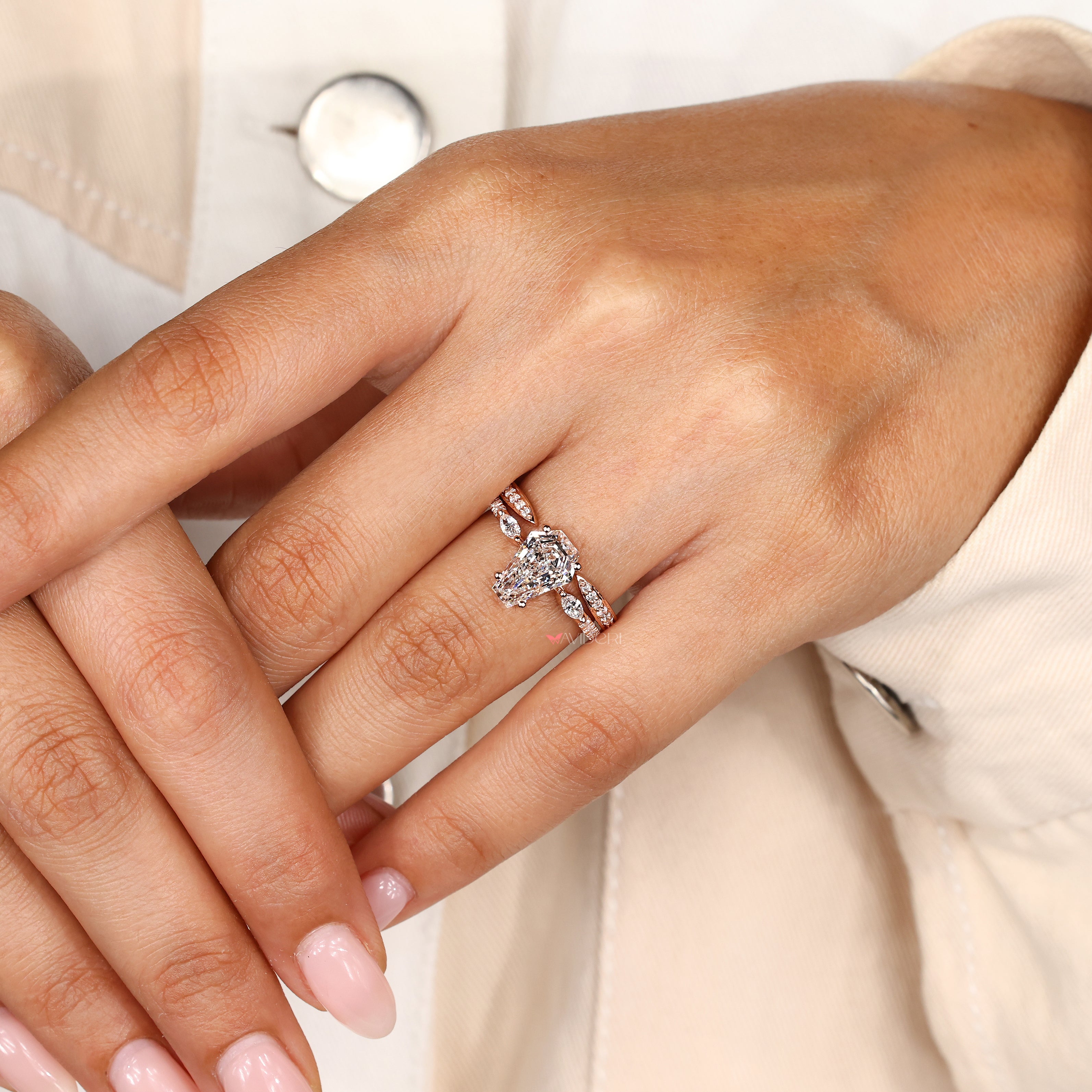 Open gap wedding band with round diamonds.
