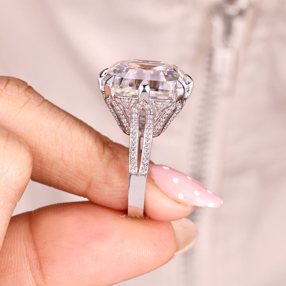 Split shank pave Asscher cut moissanite ring handmade.