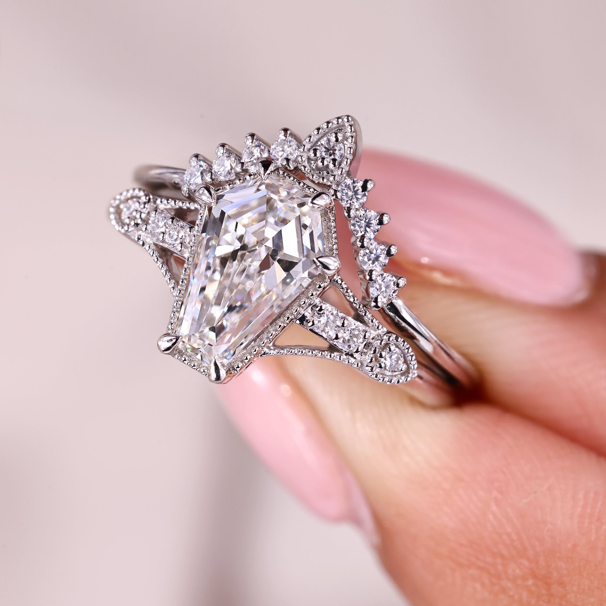 V shaped wedding band in white gold.