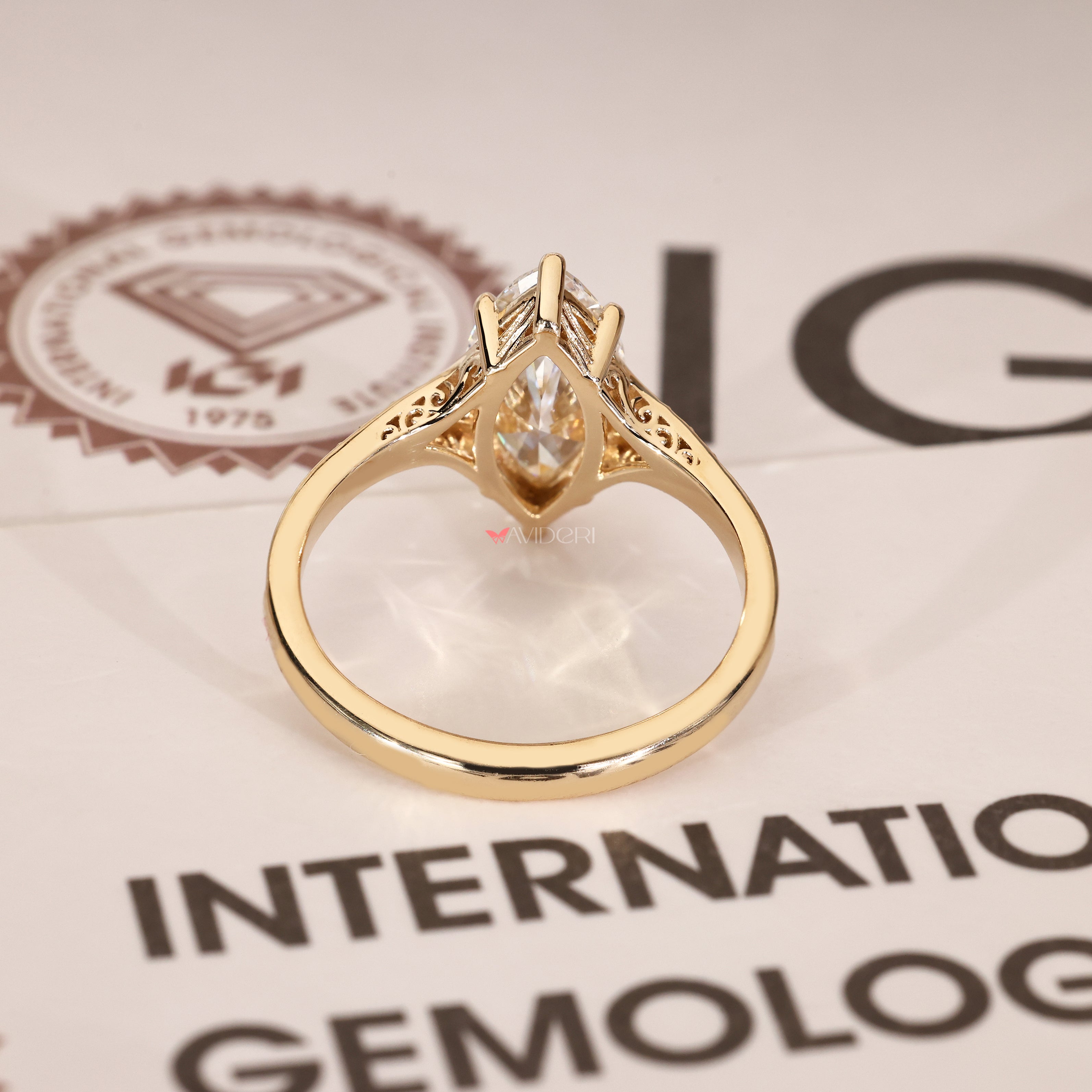 Handmade marquise cut diamond ring with art deco design
