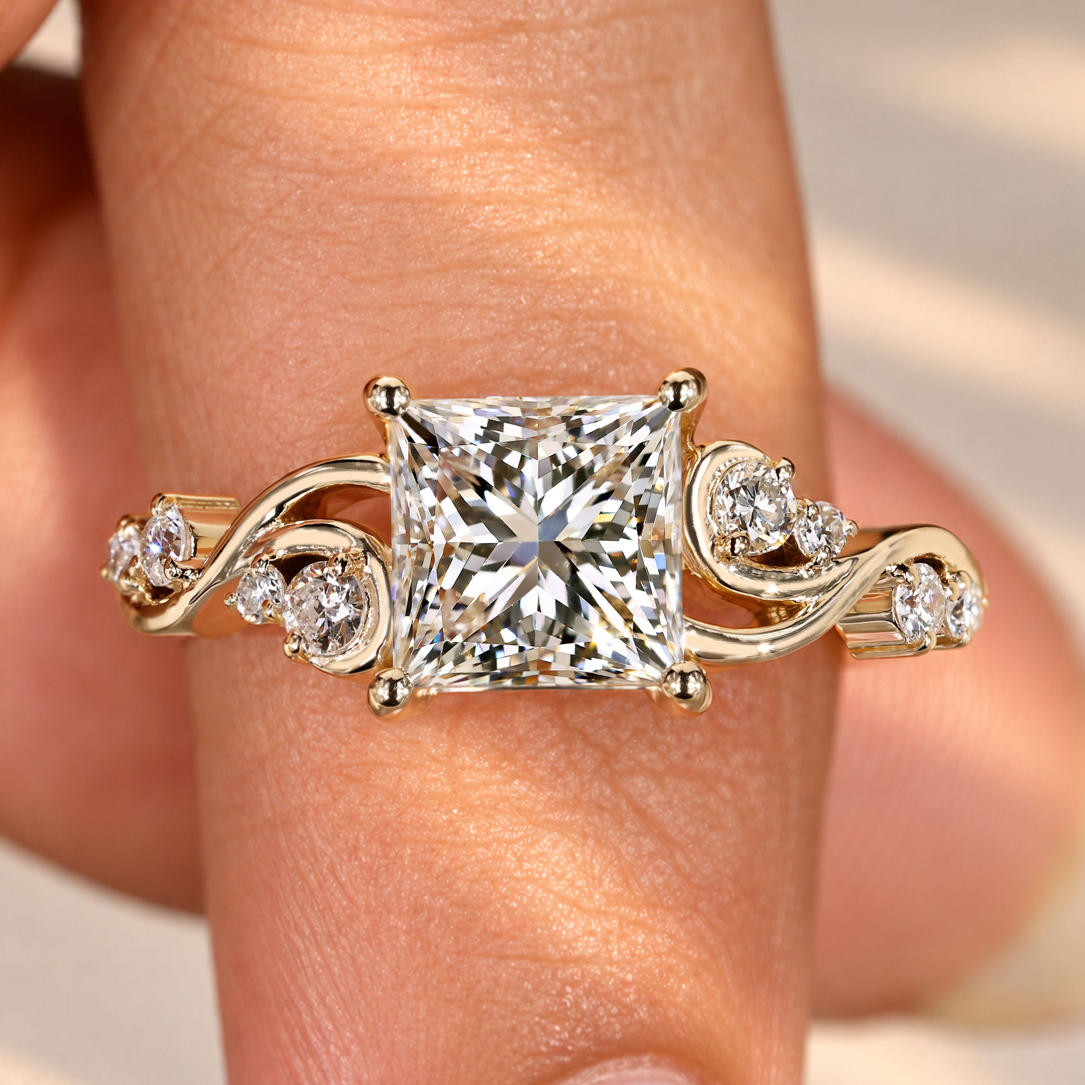 Nature inspired princess cut diamond engagement ring.
