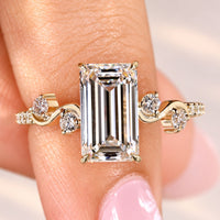Ornate Scroll Emerald Cut Diamond Ring in Pave Style