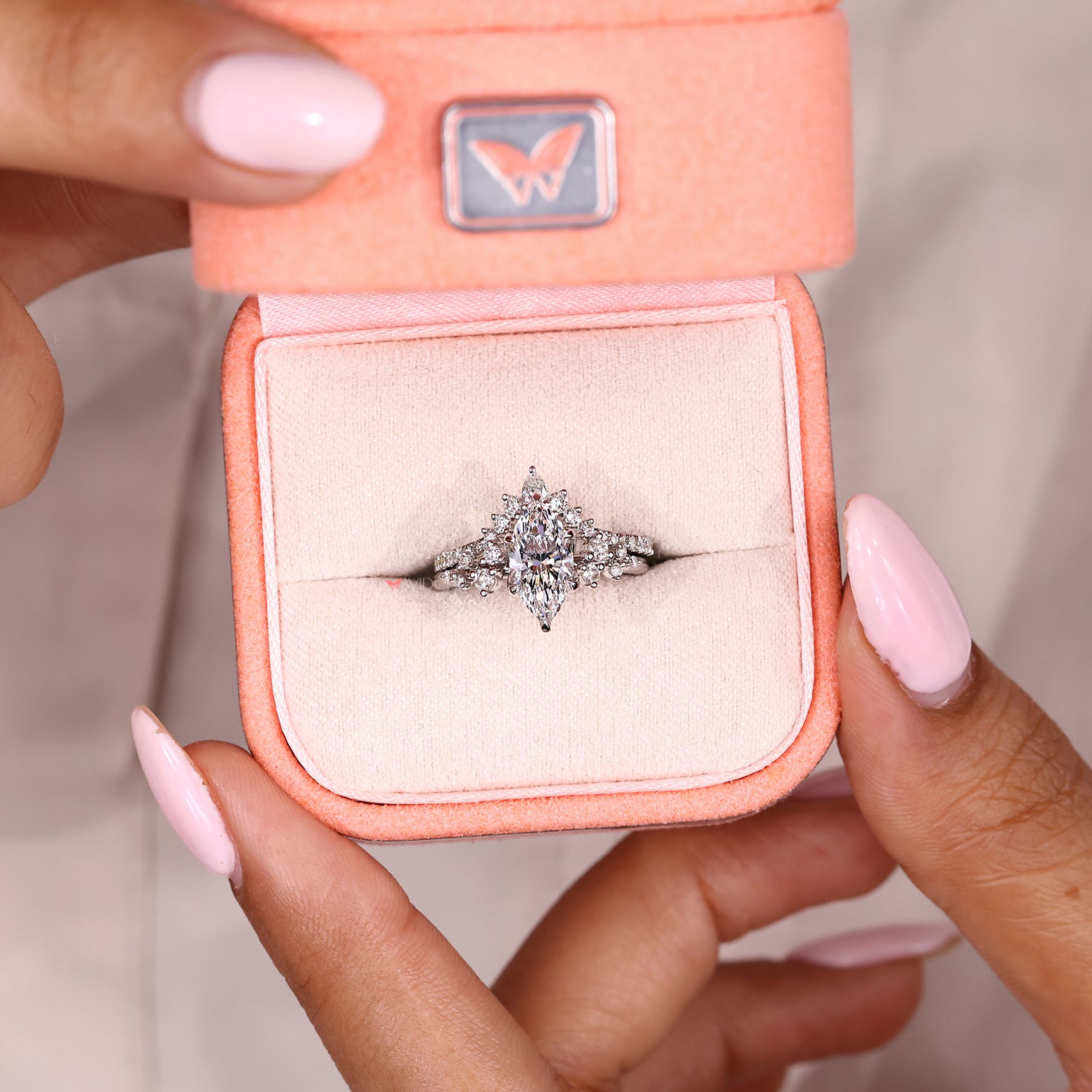 Semi eternity wedding band with marquise engagement ring set
