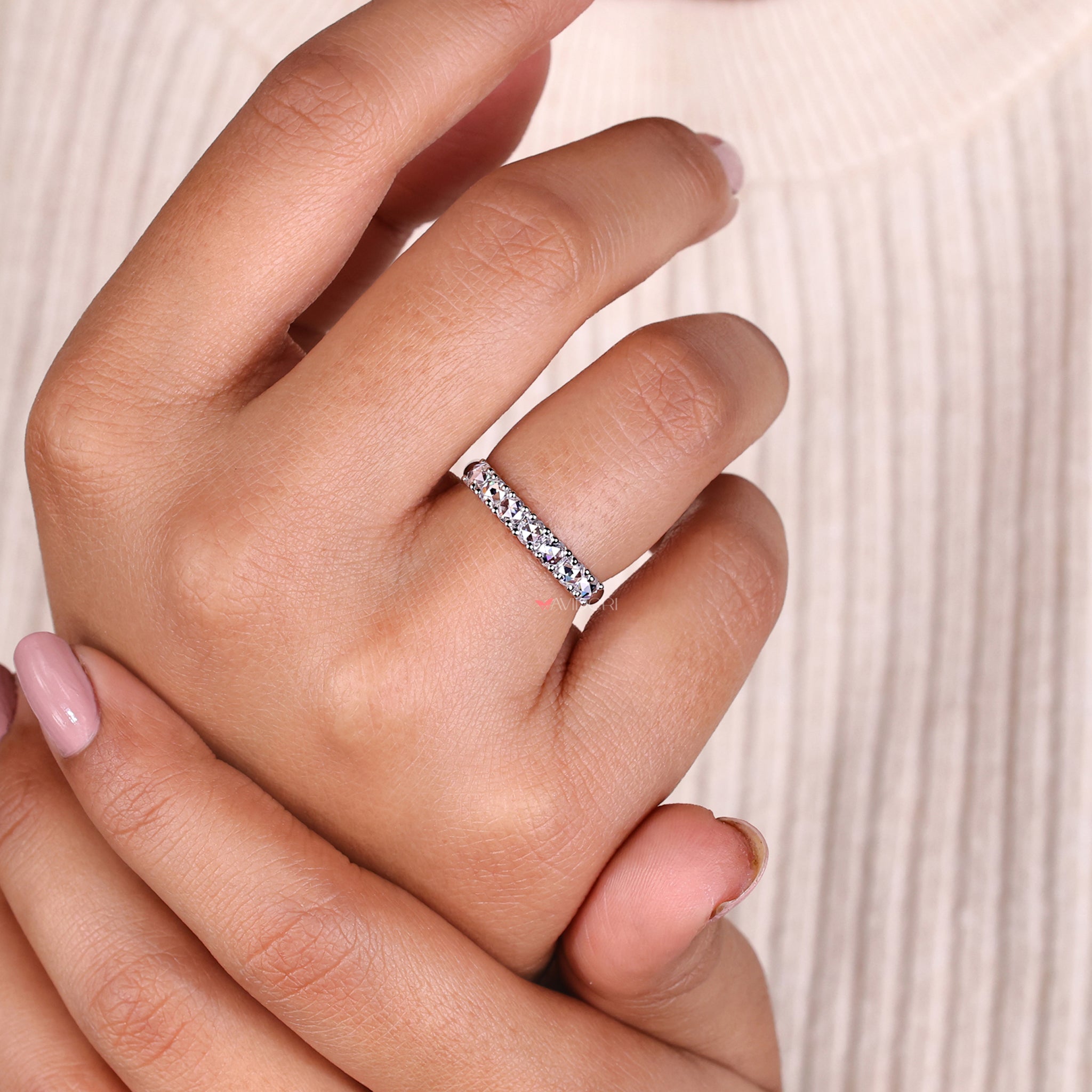 Round Rose Cut diamond featured in a sleek wedding band for modern elegance.

