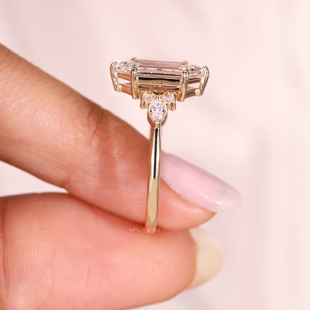 Lab grown hexagon step cut diamond ring design.
