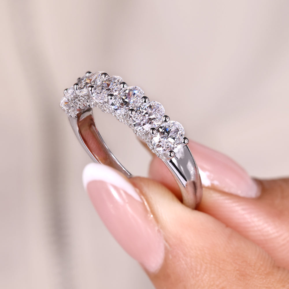 Tapered shank band in half eternity wedding band.