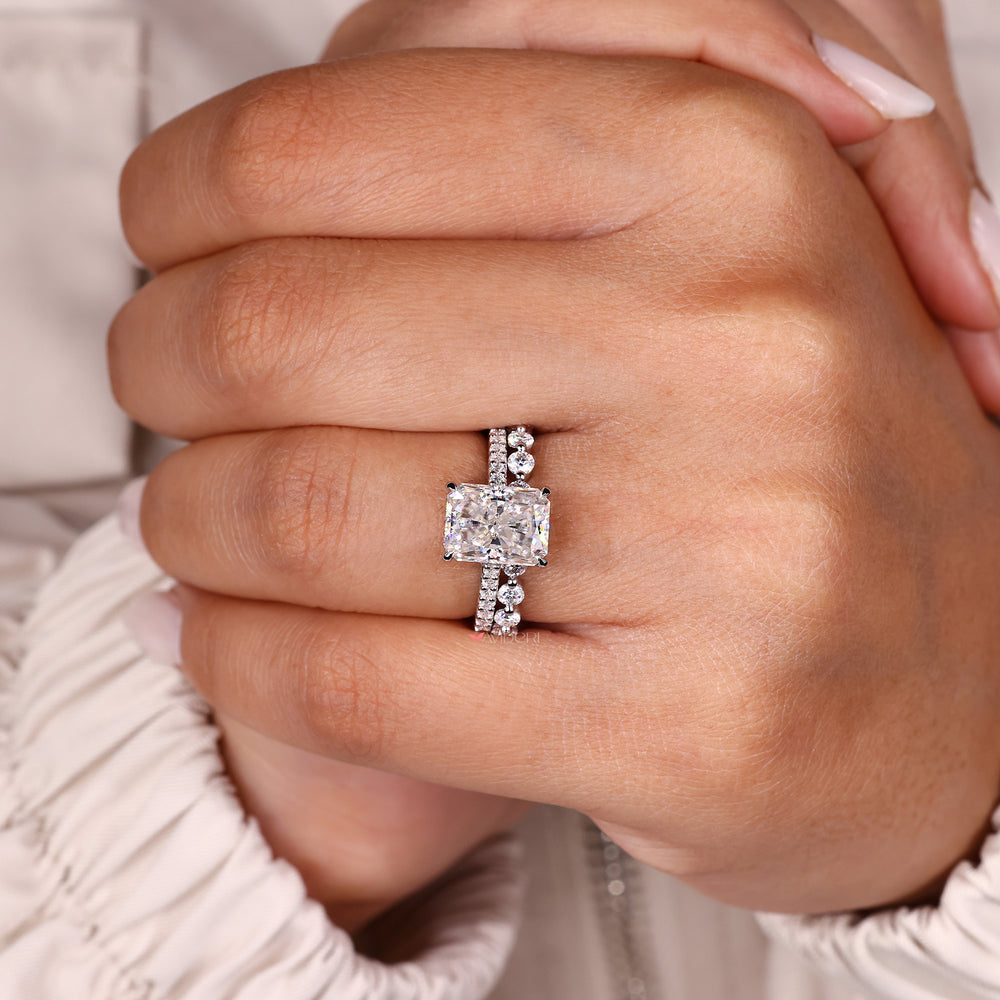 Round and radiant moissanite bridal set in white gold.