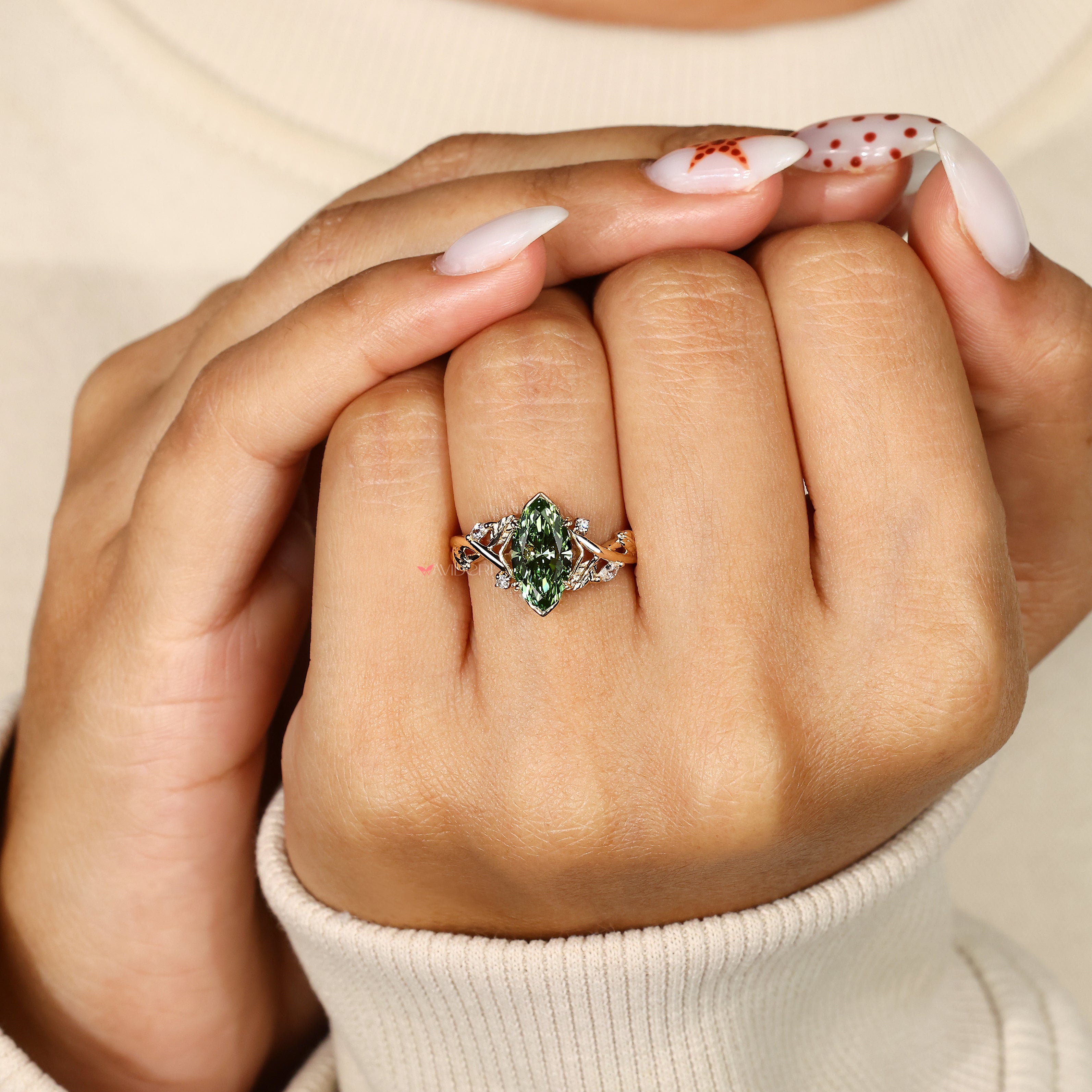 Handmade green marquise diamond engagement ring.
