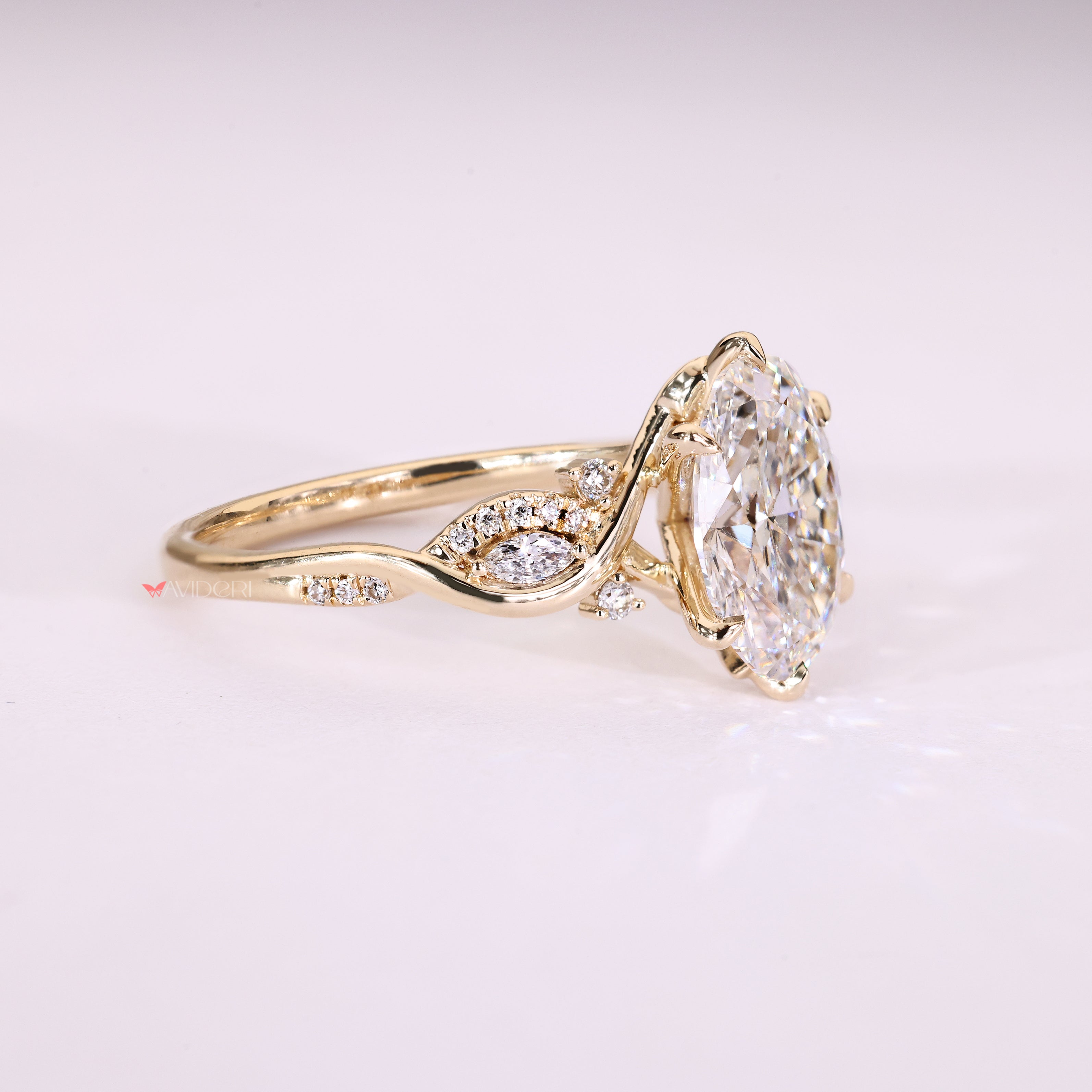 Lab grown oval engagement ring with vintage style and pavé
