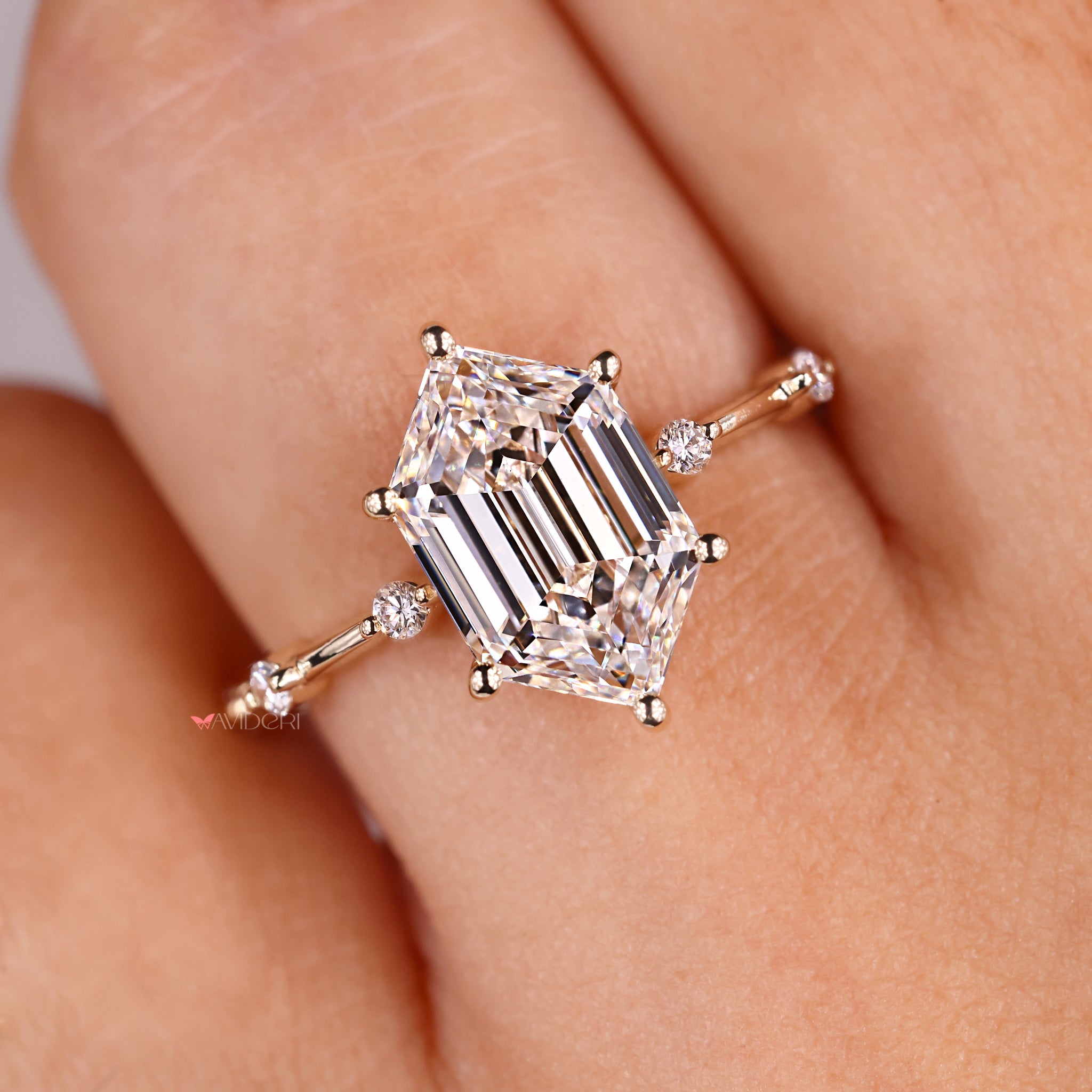 Anniversary diamond ring with step cut center and pave band