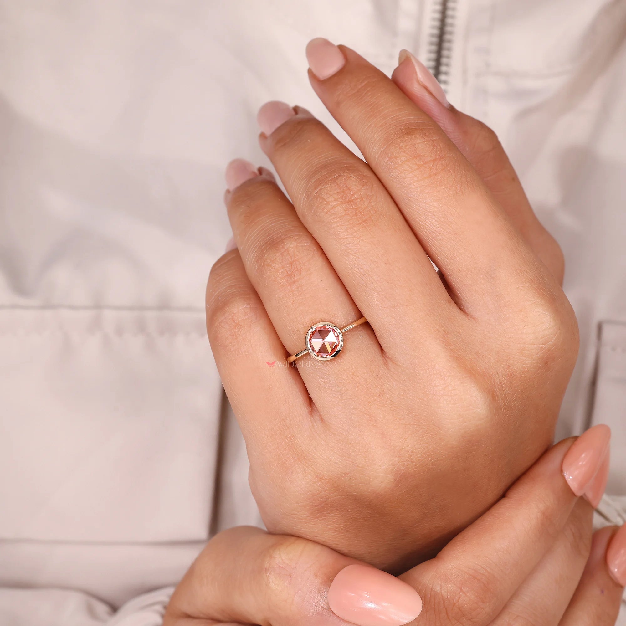 Round rose cut ring with pink diamond ring.
