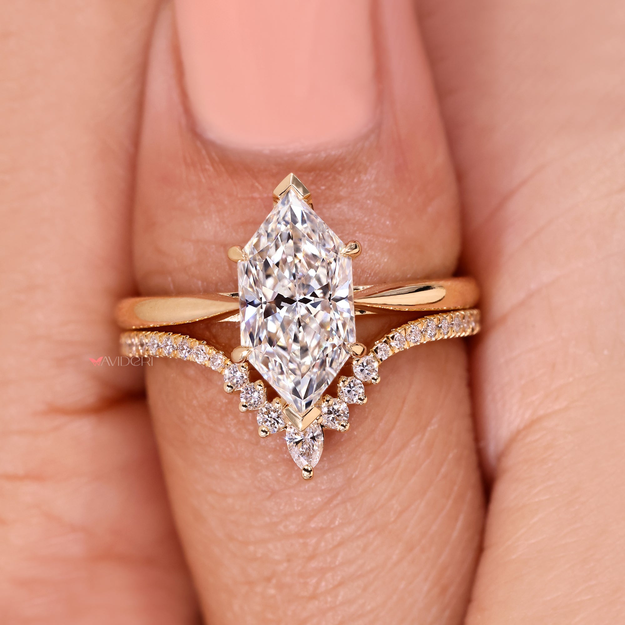 Hidden halo Dutch marquise diamond bridal set.
