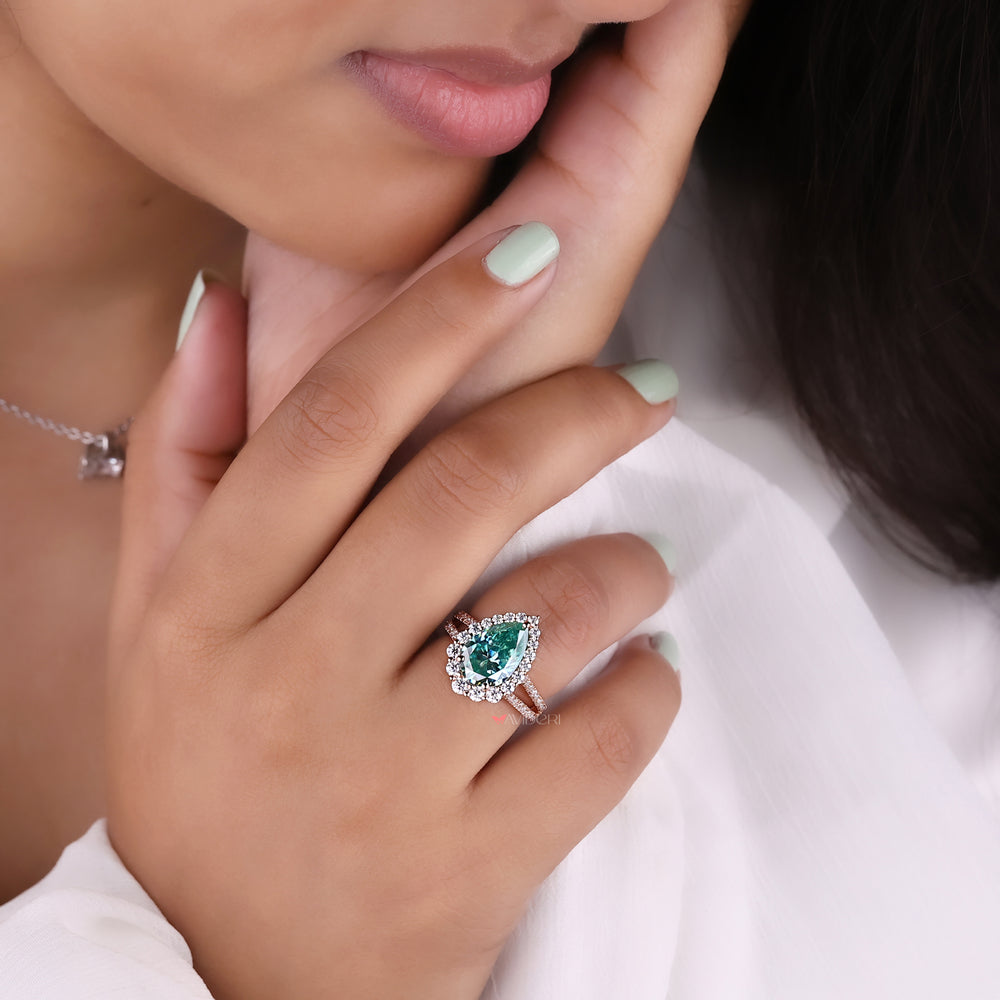 Split pave setting, handmade ring, pear engagement ring
