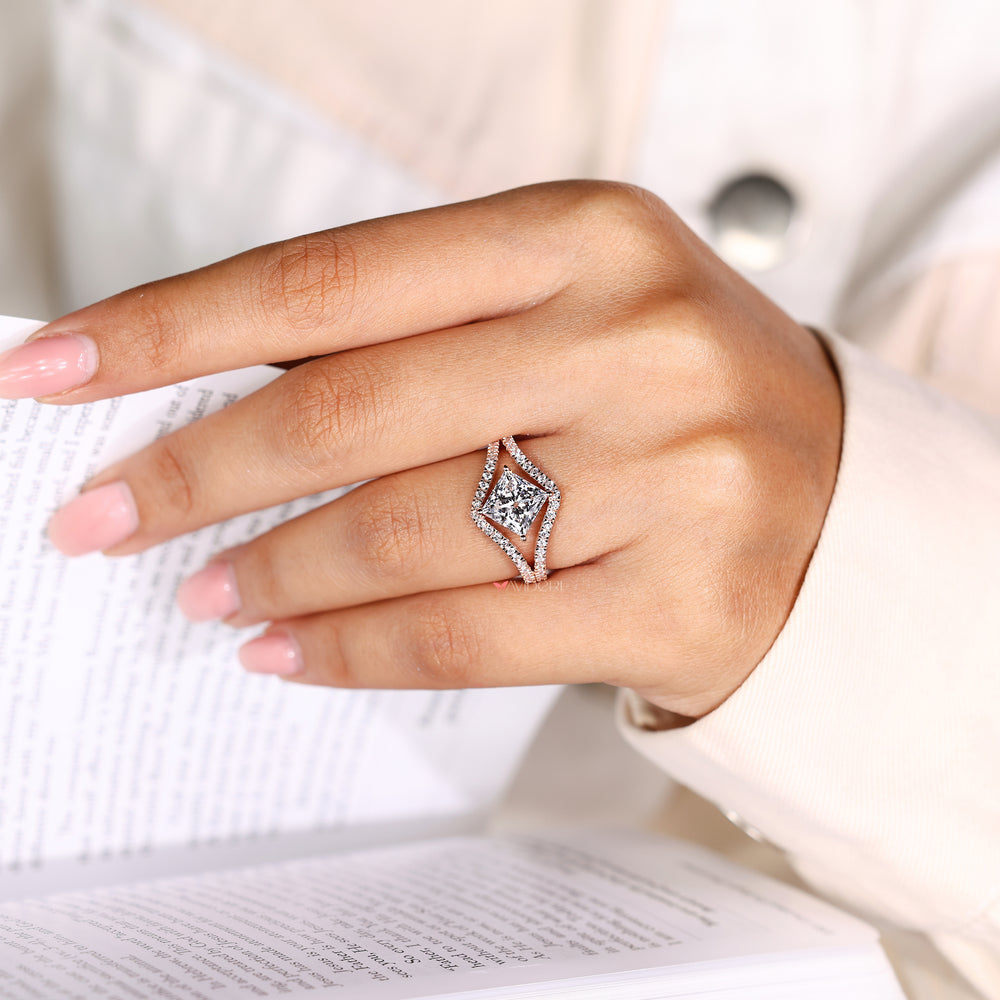 Princess diamond ring with round pave and basket setting

