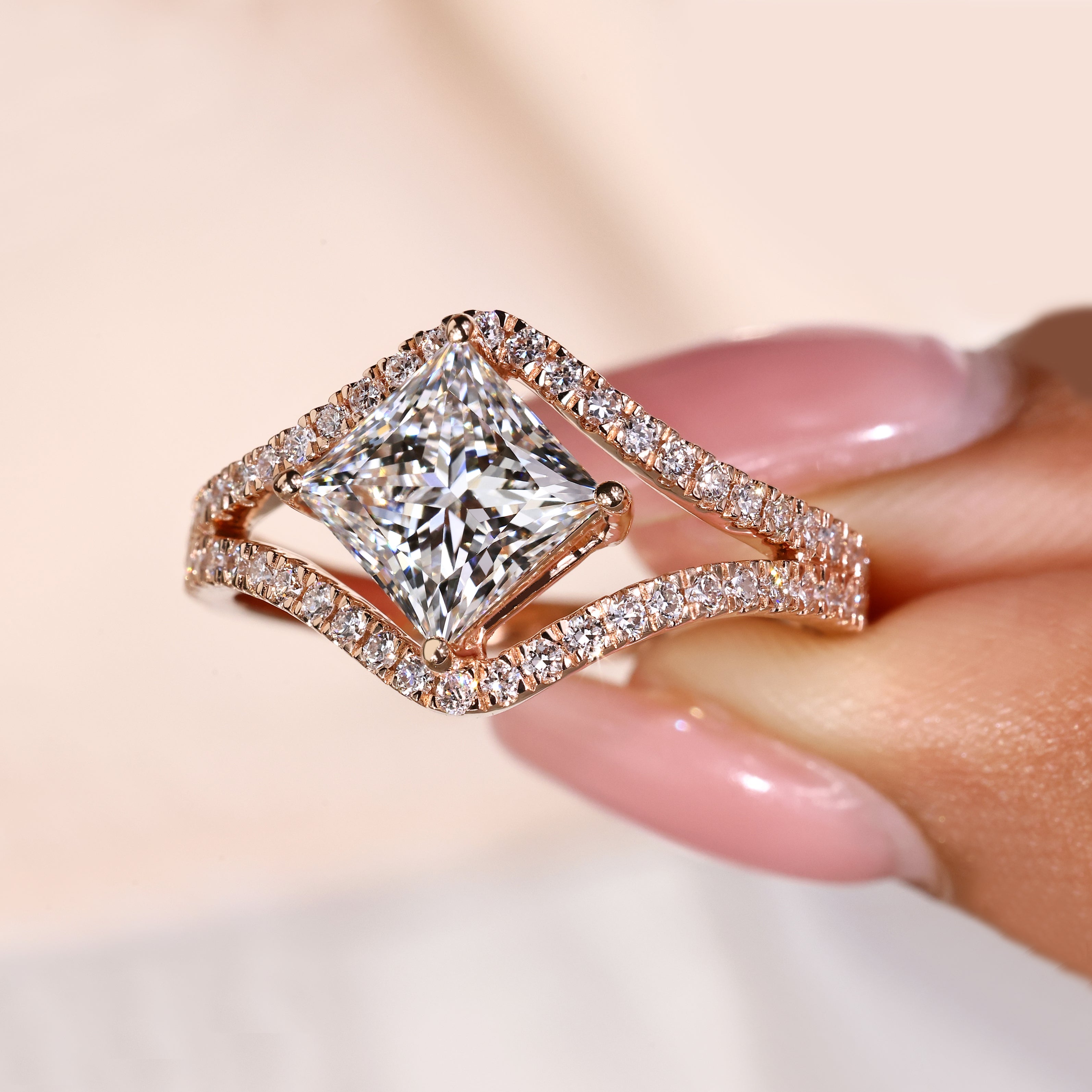 Lab grown princess diamond ring with compass prong design
