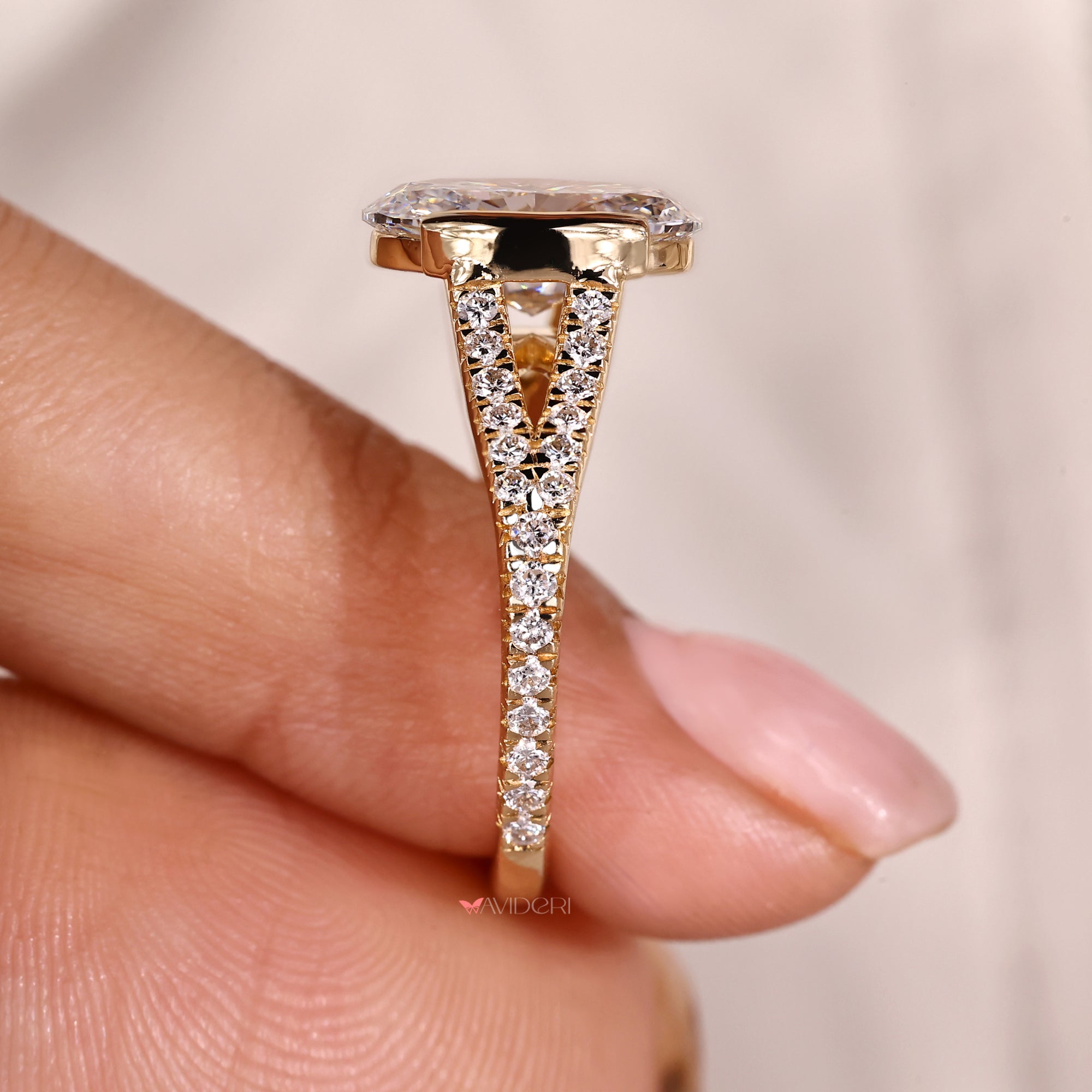Yellow gold engagement ring with lab-grown diamond ring.
