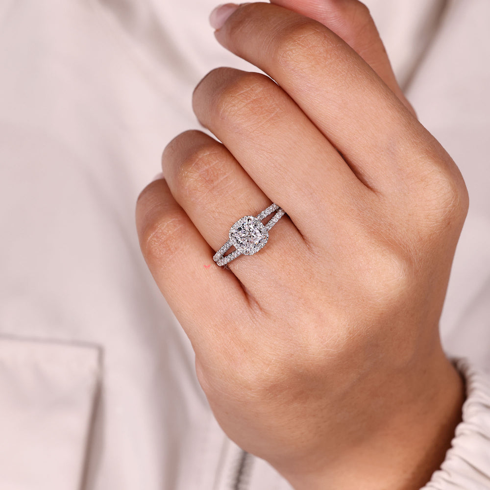 IGI certified cushion cut diamond halo ring.
