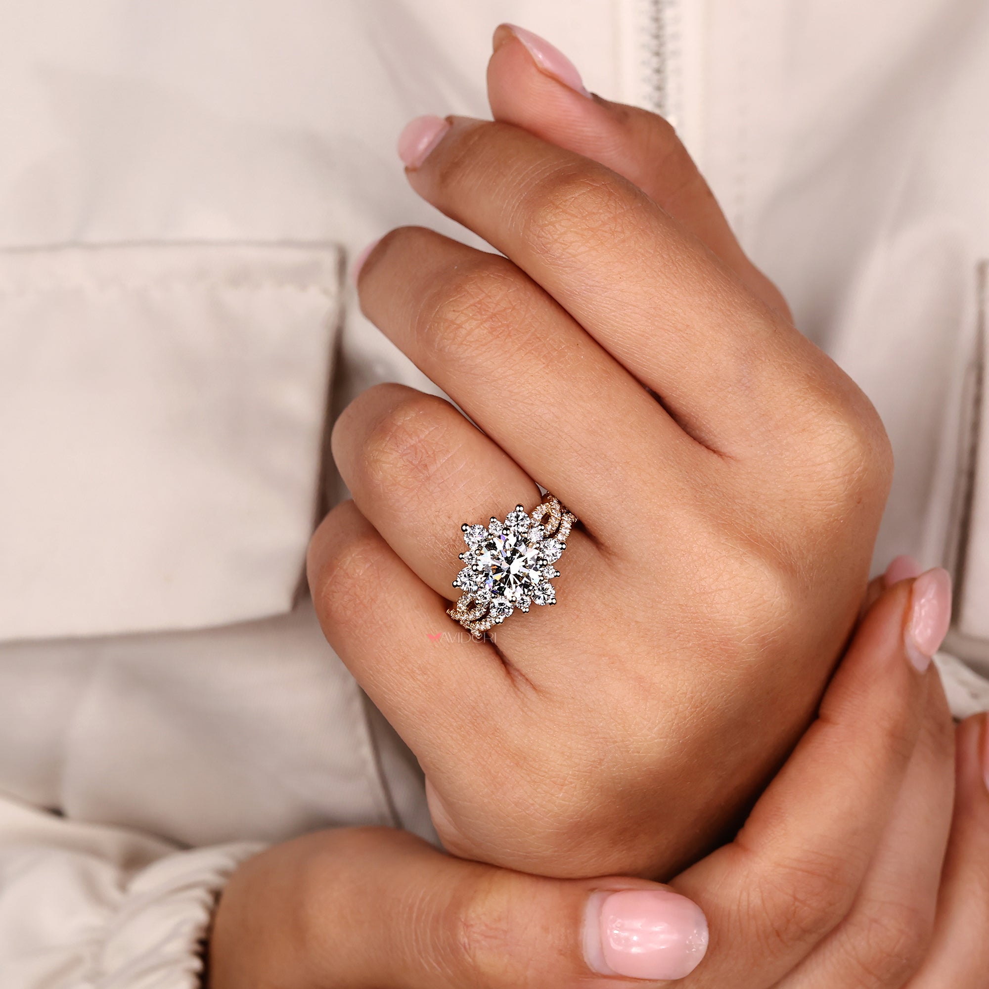 Stackable wedding band with yellow gold bridal set.