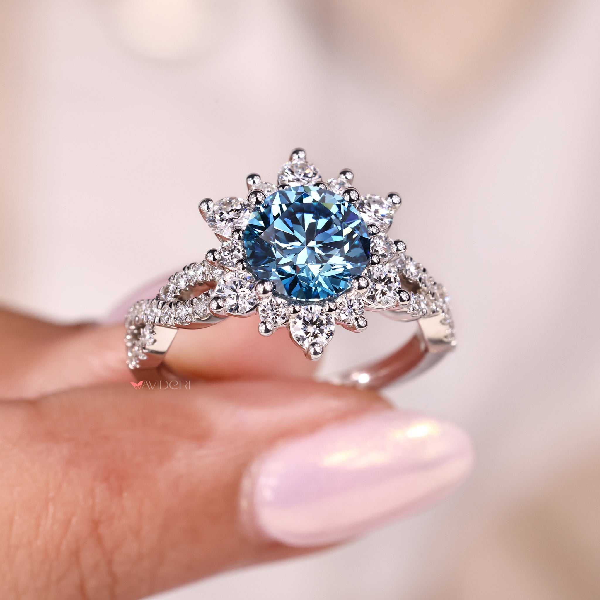 unique round diamond engagement ring with floral diamond cluster setting.