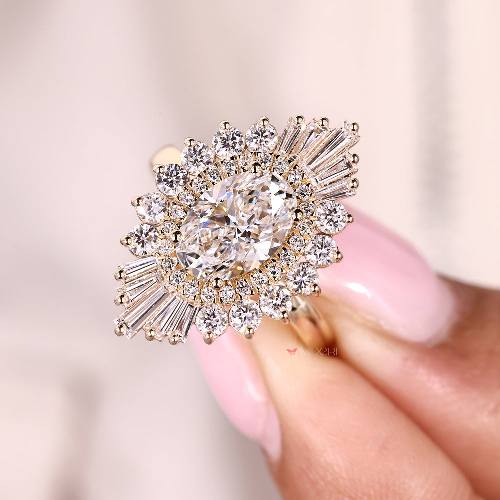 Handmade oval diamond ring with snowflake style.