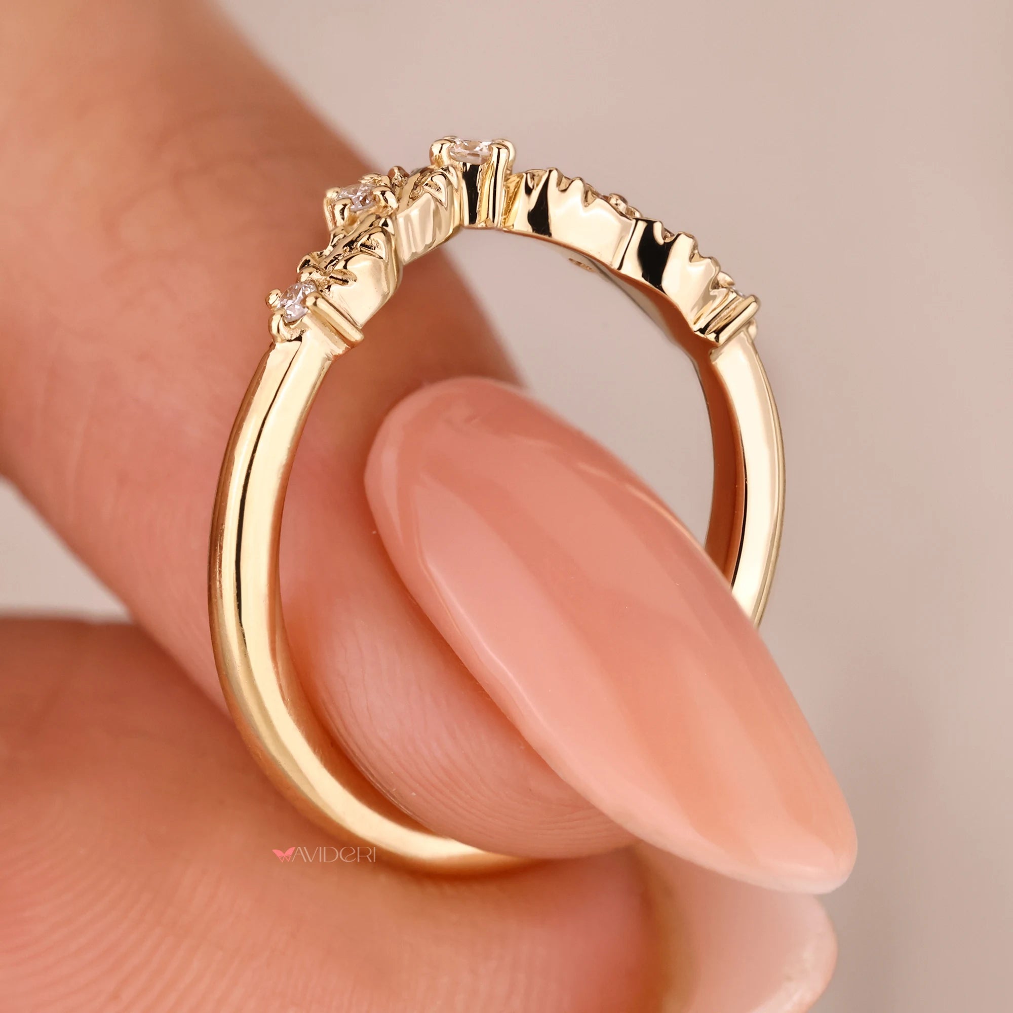 Yellow gold wedding band with handmade band.