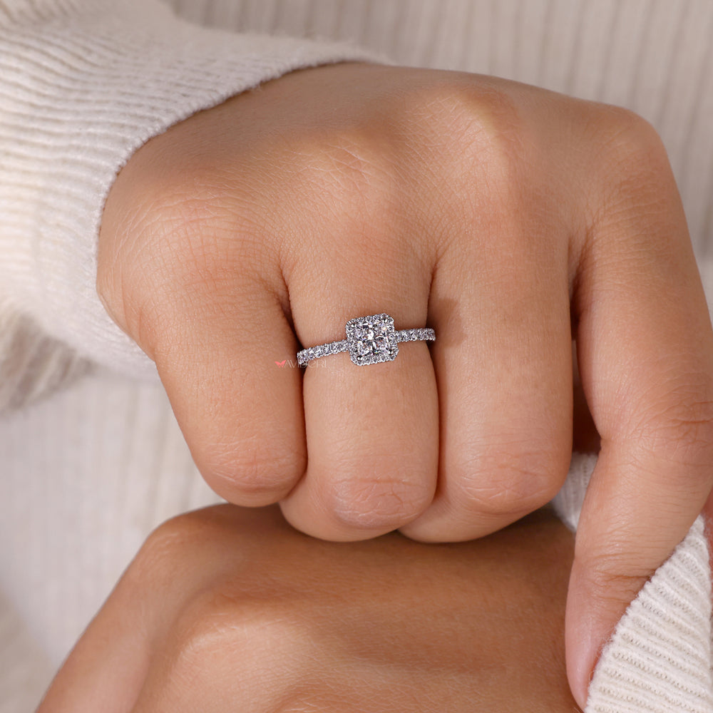 Pave engagement ring featuring a princess cut diamond, designed for elegance and sophistication with a modern touch.
