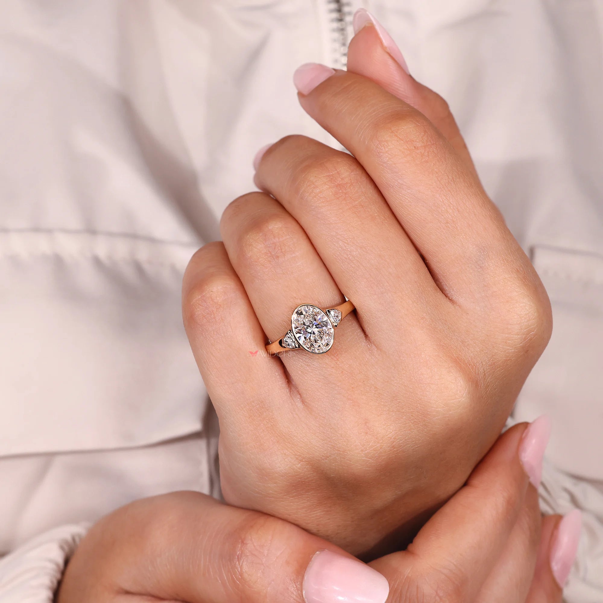 Three Stone Oval Engagement Ring In Yellow Gold