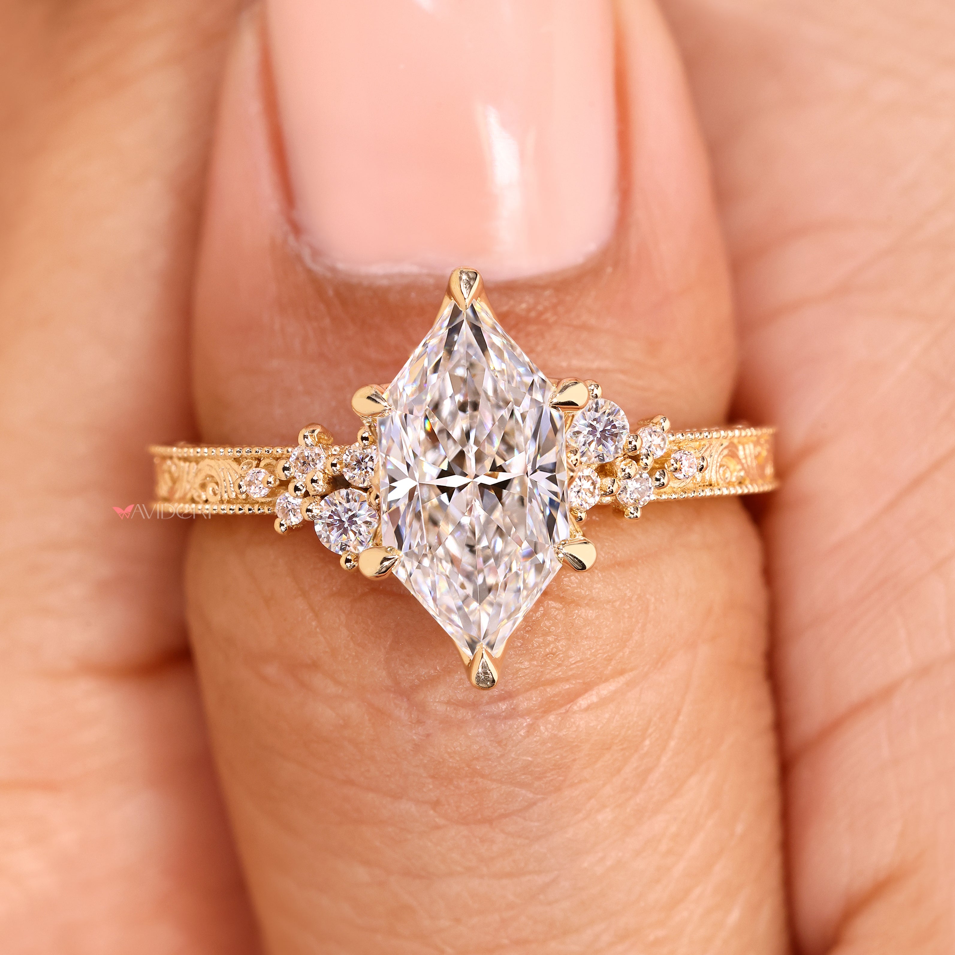 Lab grown diamond marquise ring vintage look.
