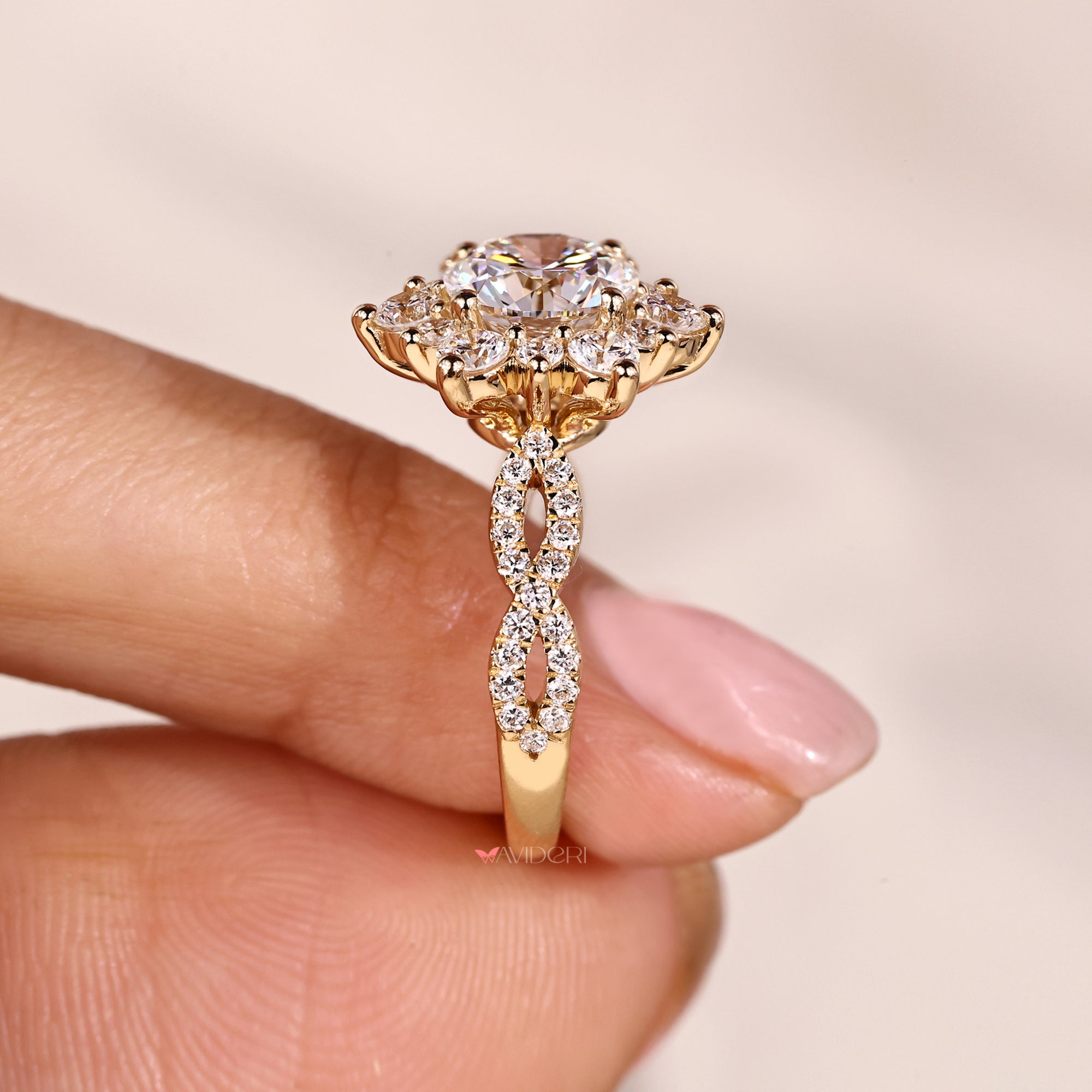 Twisted pave ring with yellow gold diamond ring.