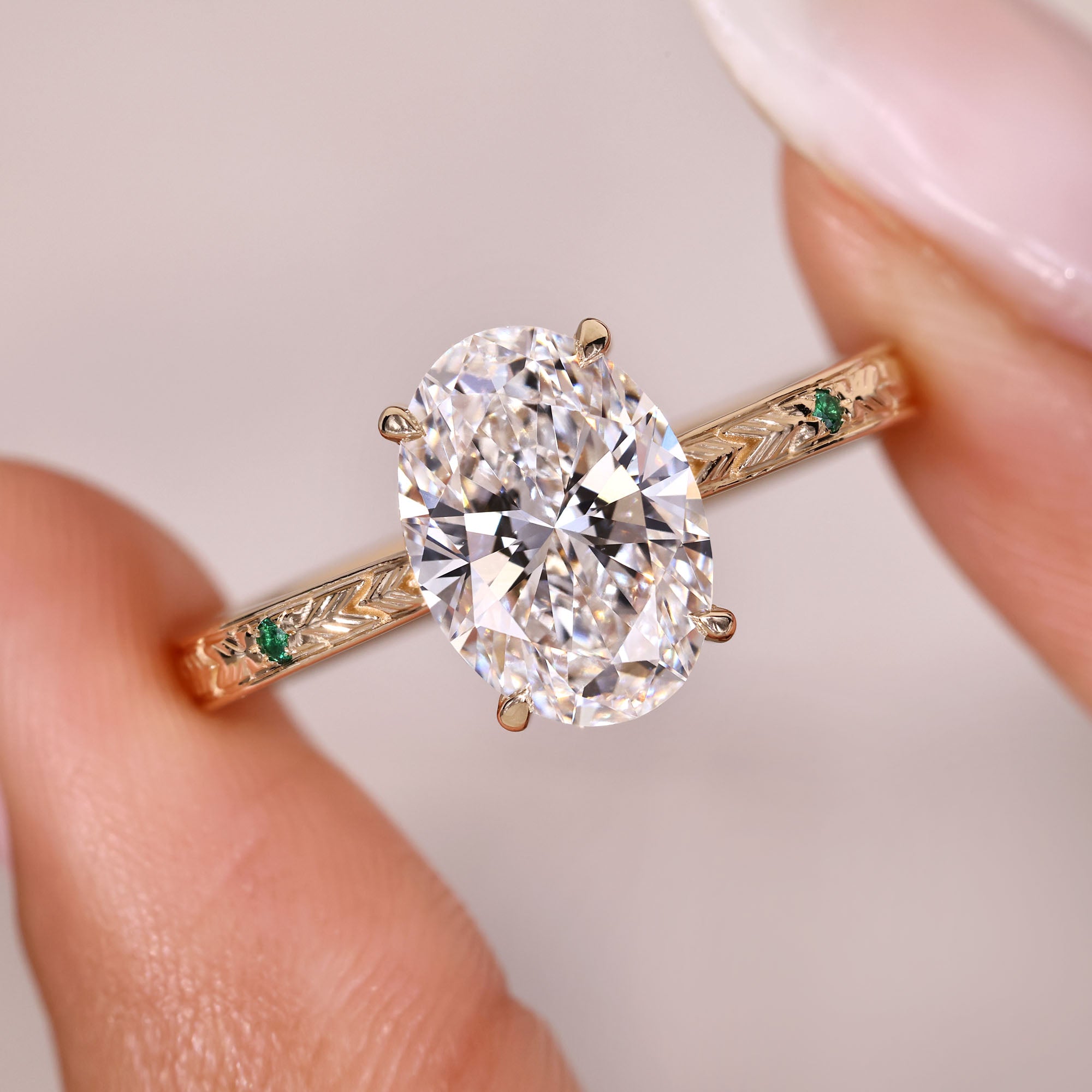 Cathedral style oval diamond ring with side stones.
