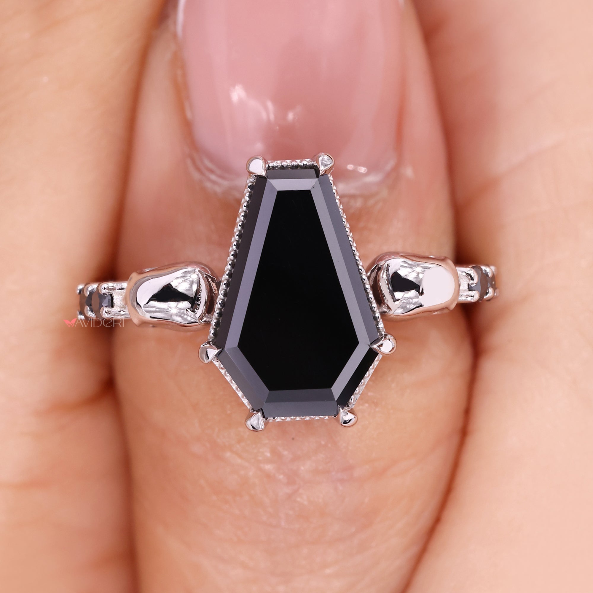 Coffin Cut Black Moissanite Ring With Two Small Skulls Style