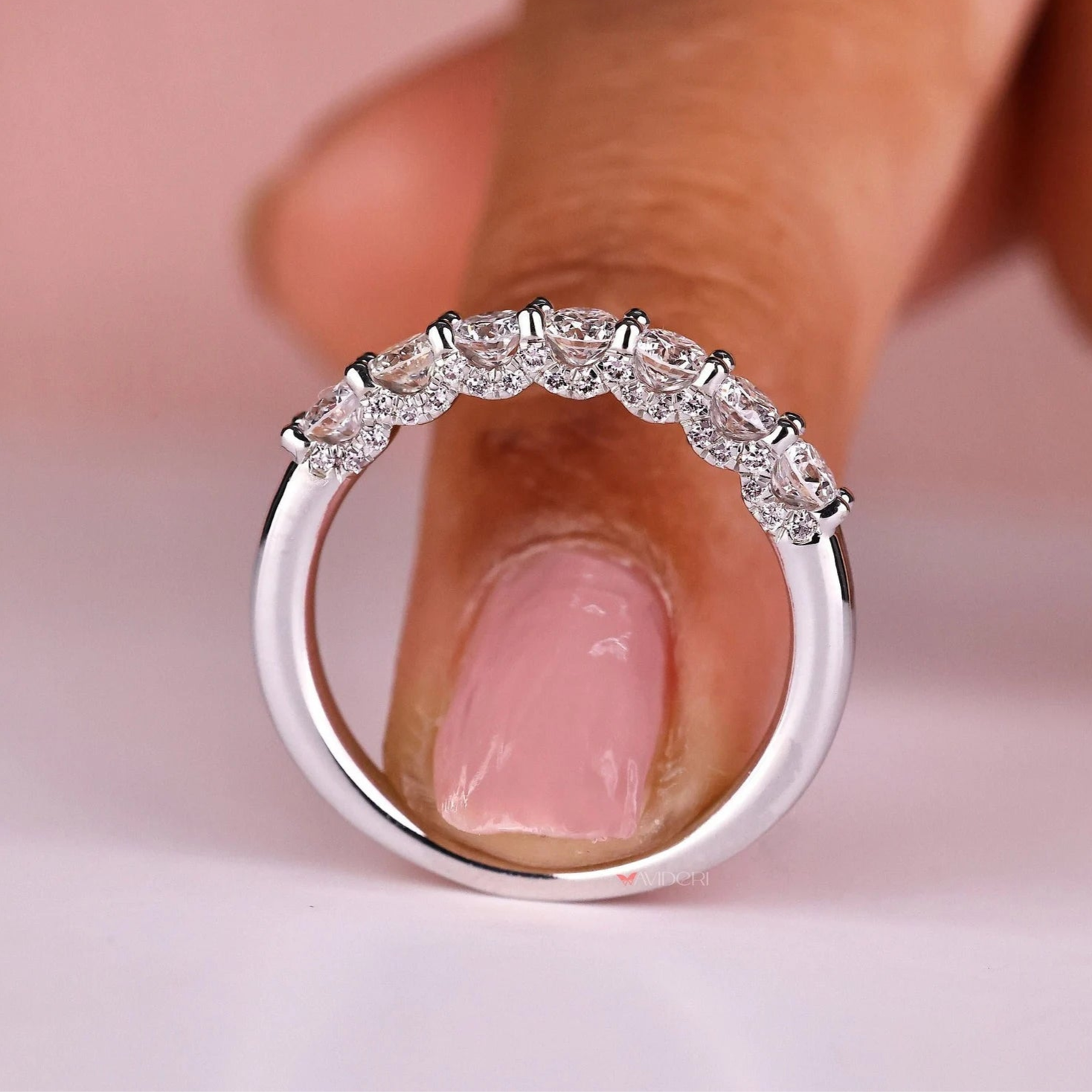 U shaped hidden micro pave band with white gold wedding band.